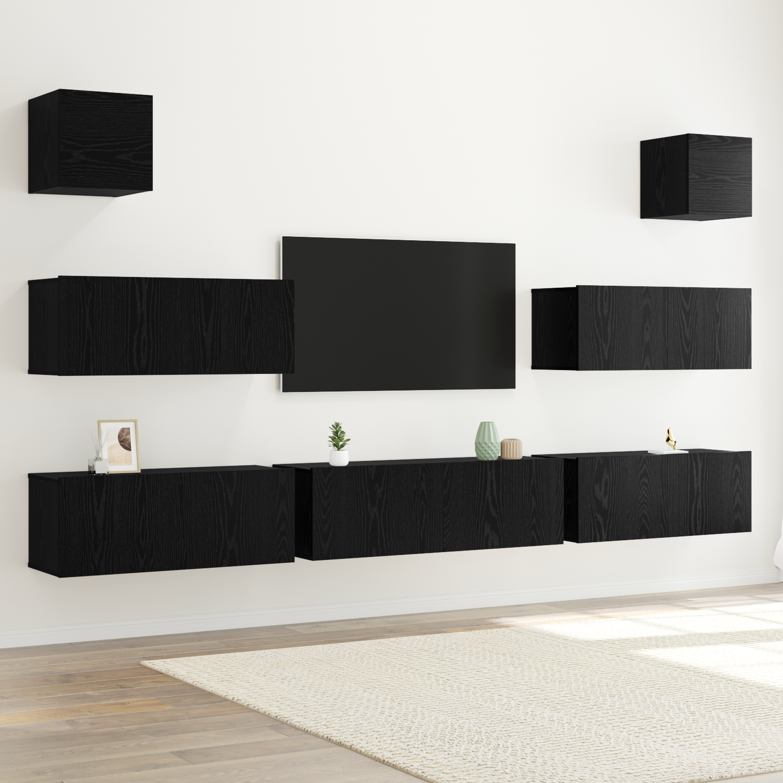 7-teiliger wandmontierter TV-Schrank Schwarz Eiche Holzwerkstoff
