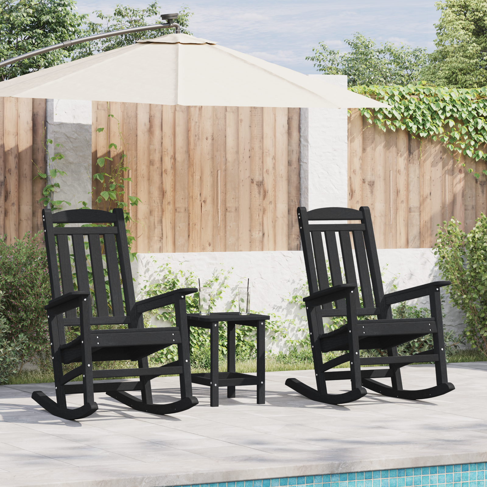 vidaXL 3-teiliges Garten Lounge Set Schwarz HDPE,  Schaukelstuhl Schwarz 70x92x108 cm HDPE,  Adirondack Beistelltisch Sc...