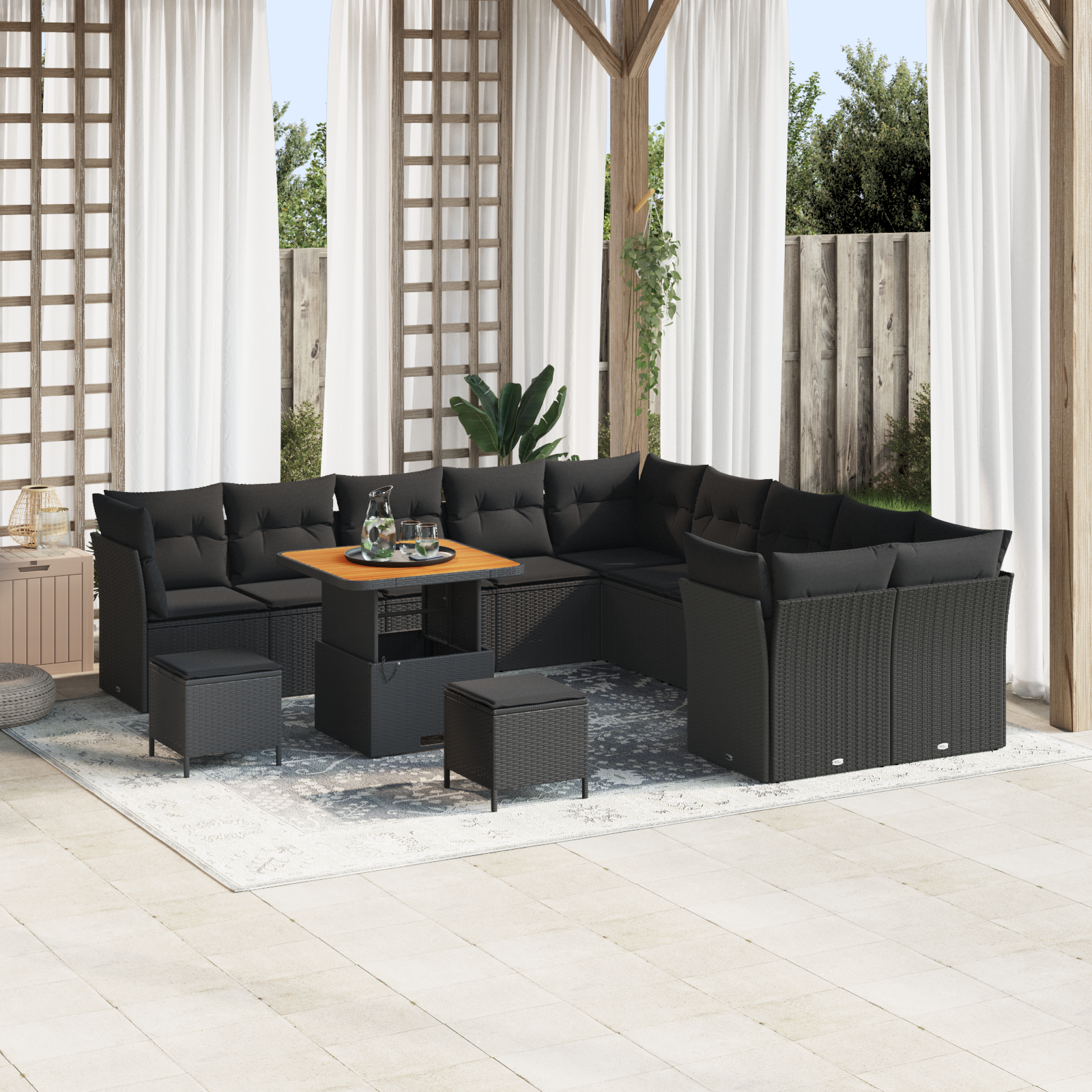 Mobilier relaxare exterior - set de canapele pentru grădină cu 13 piese și perne negru poliratan acacia,  set de dining pentru grădină cu 3 piese și perne negru poliratan acacia