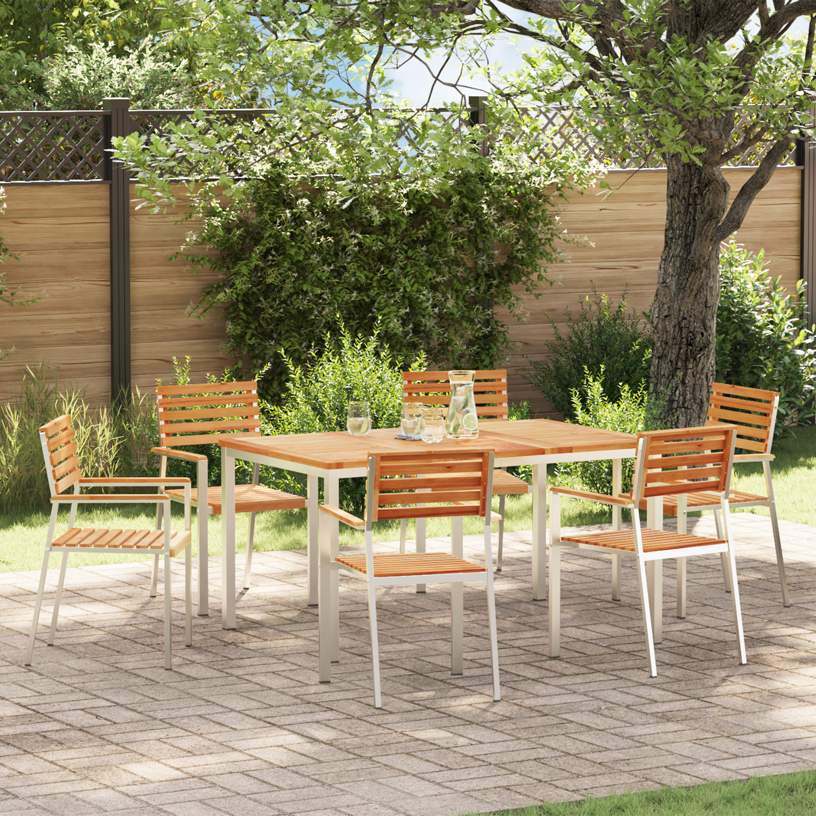 7 Piece Garden Dining Set Solid Wood Teak, vidaXL Outdoor Dining Table 150x90x75 cm Solid Wood Teak, vidaXL Stackable Garden Chairs 2 pcs Solid Wood Teak and Steel, vidaXL Stackable Garden Chairs 4 pcs Solid Wood Teak and Steel