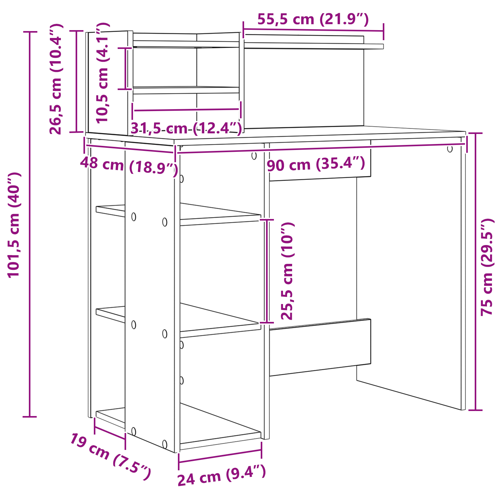 vidaXL Bureau met Opbergruimte Beton Grijs 90x48x101.5 cm Bewerkt Hout - Afbeelding 11