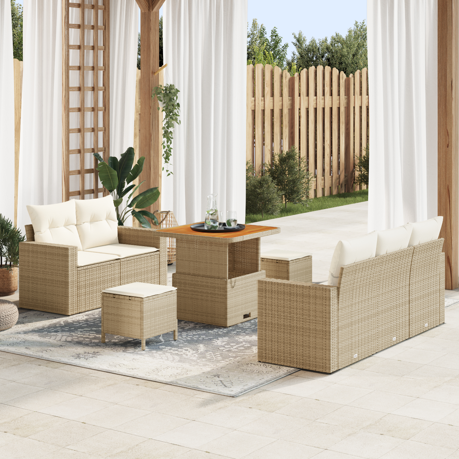 Mobilier relaxare exterior - Set de canapea pentru grădină  cu 8 piese și perne bej din ratan poli și lemn de Acacia, Set de dining pentru grădină  cu 3 piese și perne bej din ratan poli și lemn de Acacia