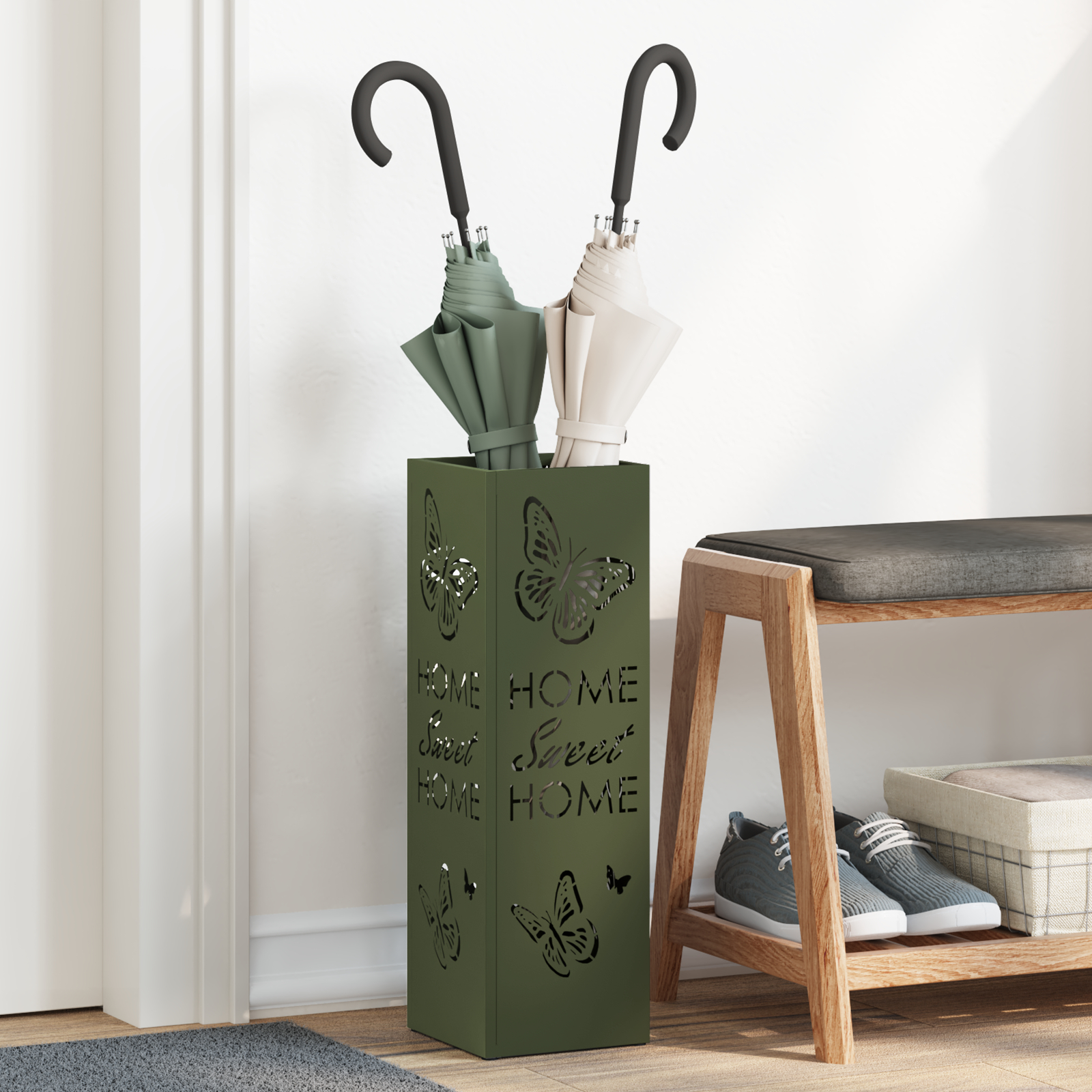 vidaXL Suport umbrele Verde măsliniu Metal Mediu Design cu Fluturi
