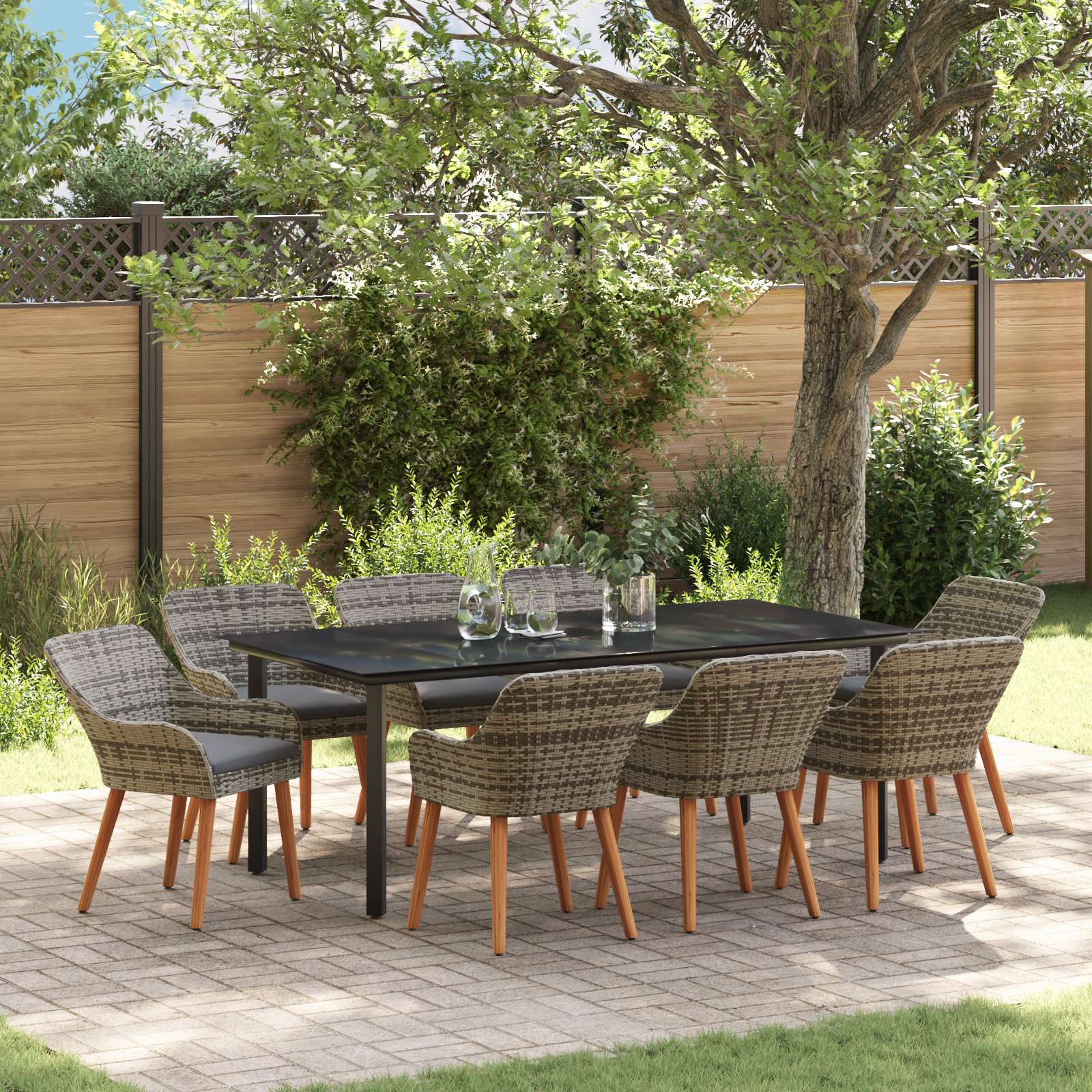 9 Piece Garden Dining Set Grey Poly Rattan