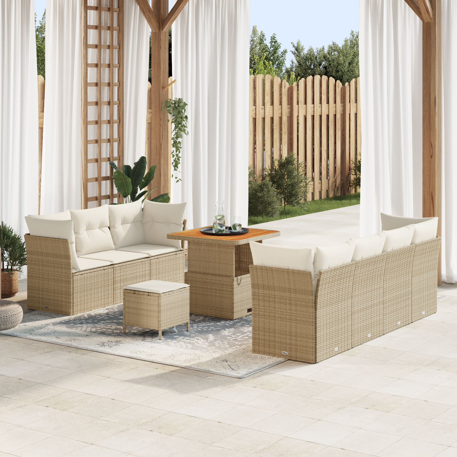 vidaXL 10-delni vrtna sofa set z blazinami Bež Poli ratan Akacija, vidaXL 3-delni vrtni jedilni set z blazinami Bež Poli ratan Akacija
