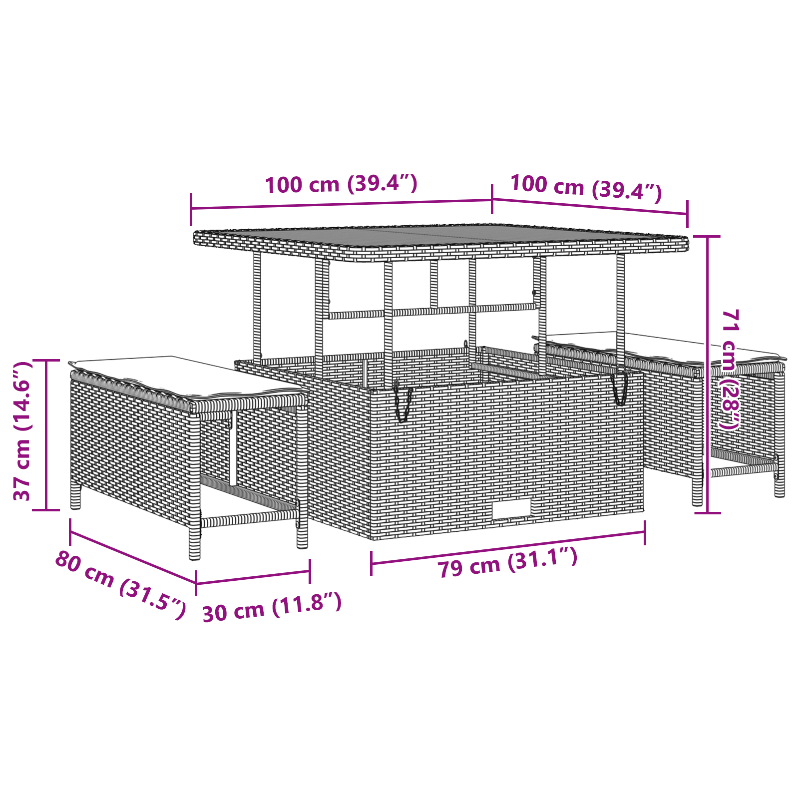 Set de canapea de grădină , 13 piese cu perne din ratan poli negru și acacia, Canapea de grădină  pentru 2 persoane cu perne din ratan poli negru, Set de dining de grădină , 3 piese cu perne din ratan [11]