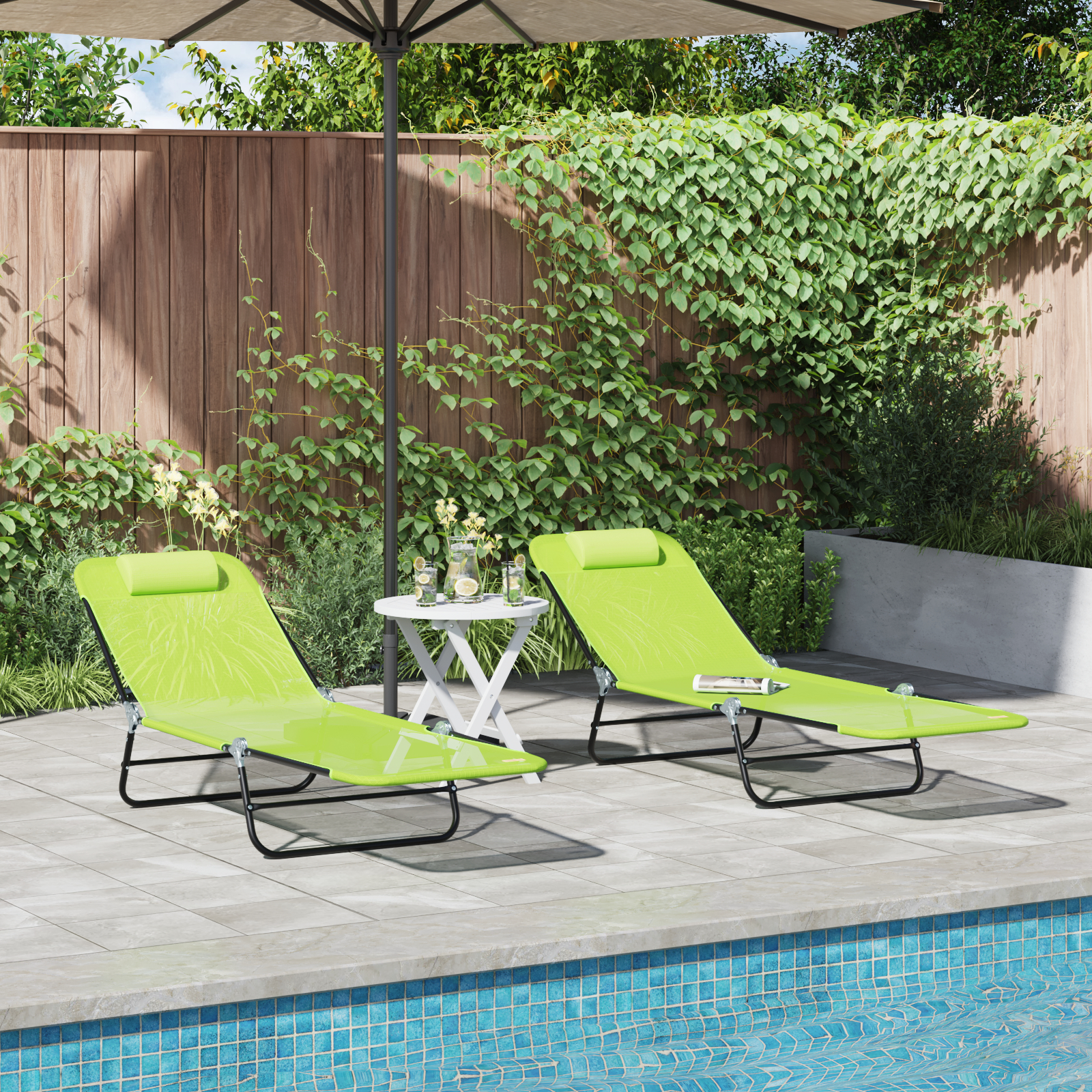 Mobilier relaxare exterior - Șezlonguri pliabile 2 buc cu perne de cap verde textilenă