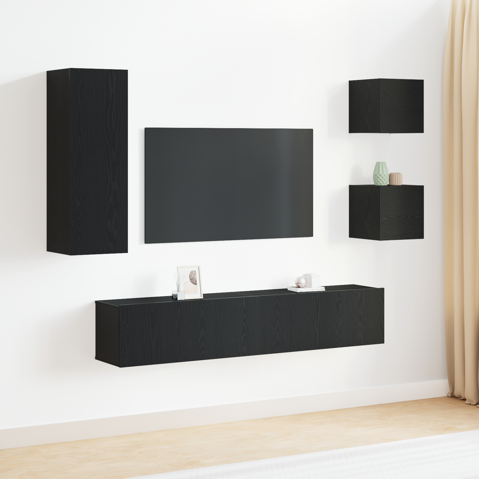 5-teiliges TV-Schränke-Set aus schwarzem Eichenholz, vidaXL Wandmontierte TV-Schränke 2 Stück Schwarz 30,5x30x30 cm, vidaXL Wandmontierter TV-Schrank in Schwarz Eiche - 30,5x30x90 cm, aus Holzwerkstoff, vidaXL TV-Wandschränke (Set aus 2) - Schwarz Eiche, 80x30x30 cm, aus Holzwerkstoff