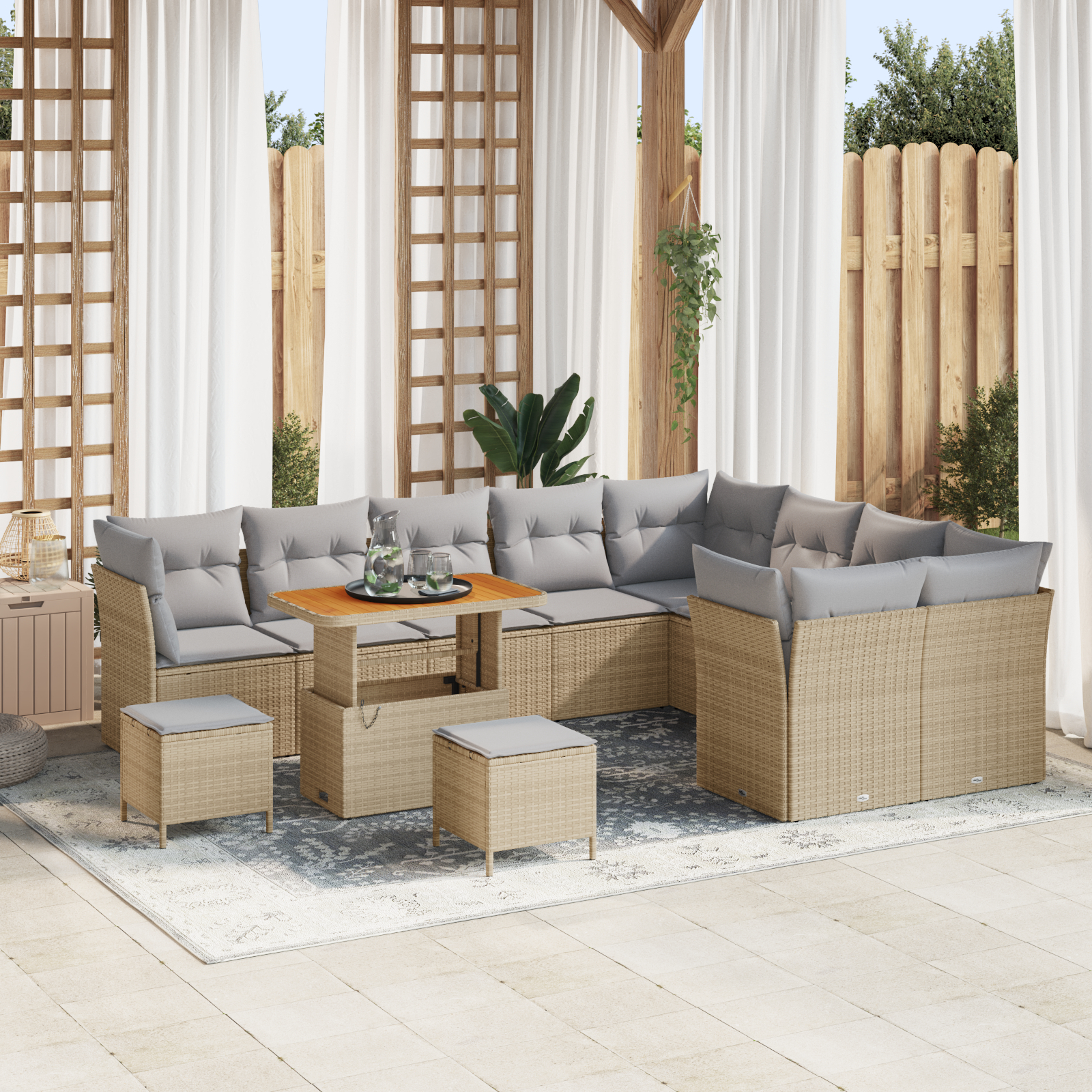 Mobilier relaxare exterior - Set canapea grădină  12 piese cu perne Bej din ratan poliester acacia, Set dining grădină  3 piese cu perne Bej din ratan poliester acacia