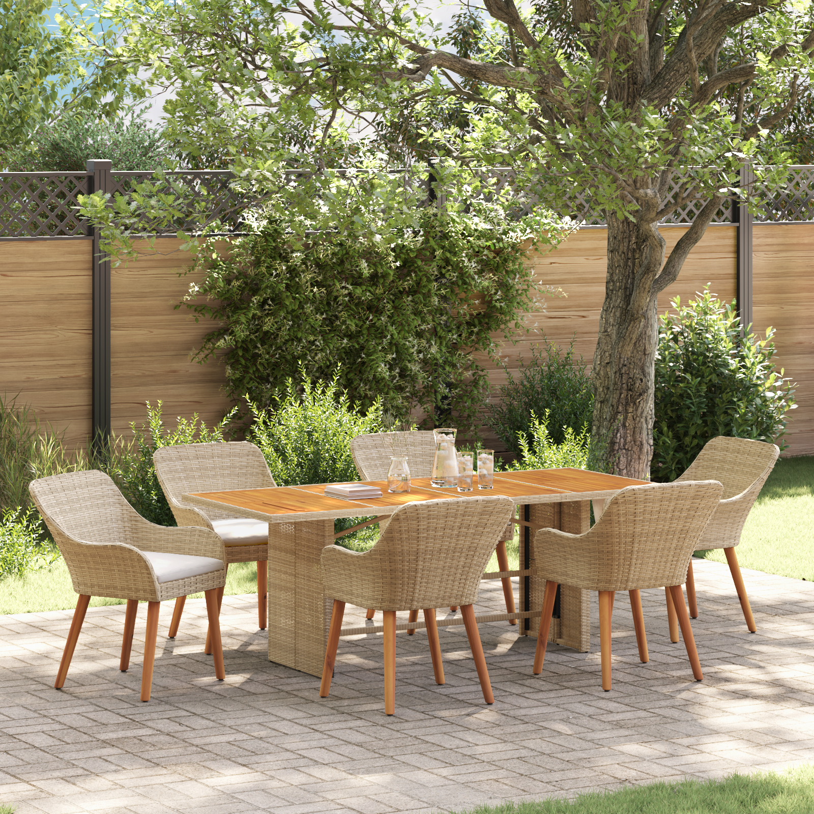 7 Piece Garden Dining Set Beige Poly Rattan