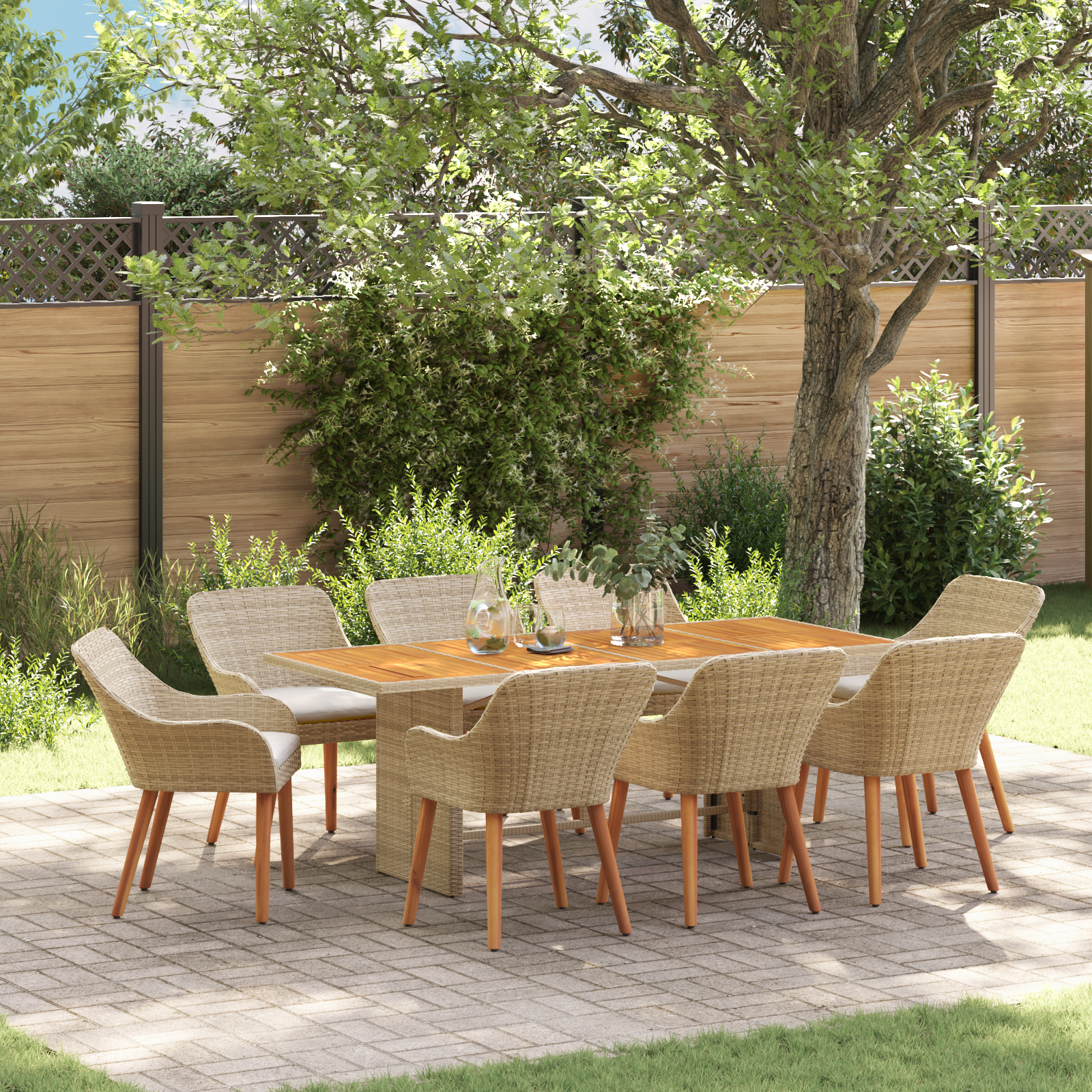 9 Piece Garden Dining Set Beige Poly Rattan