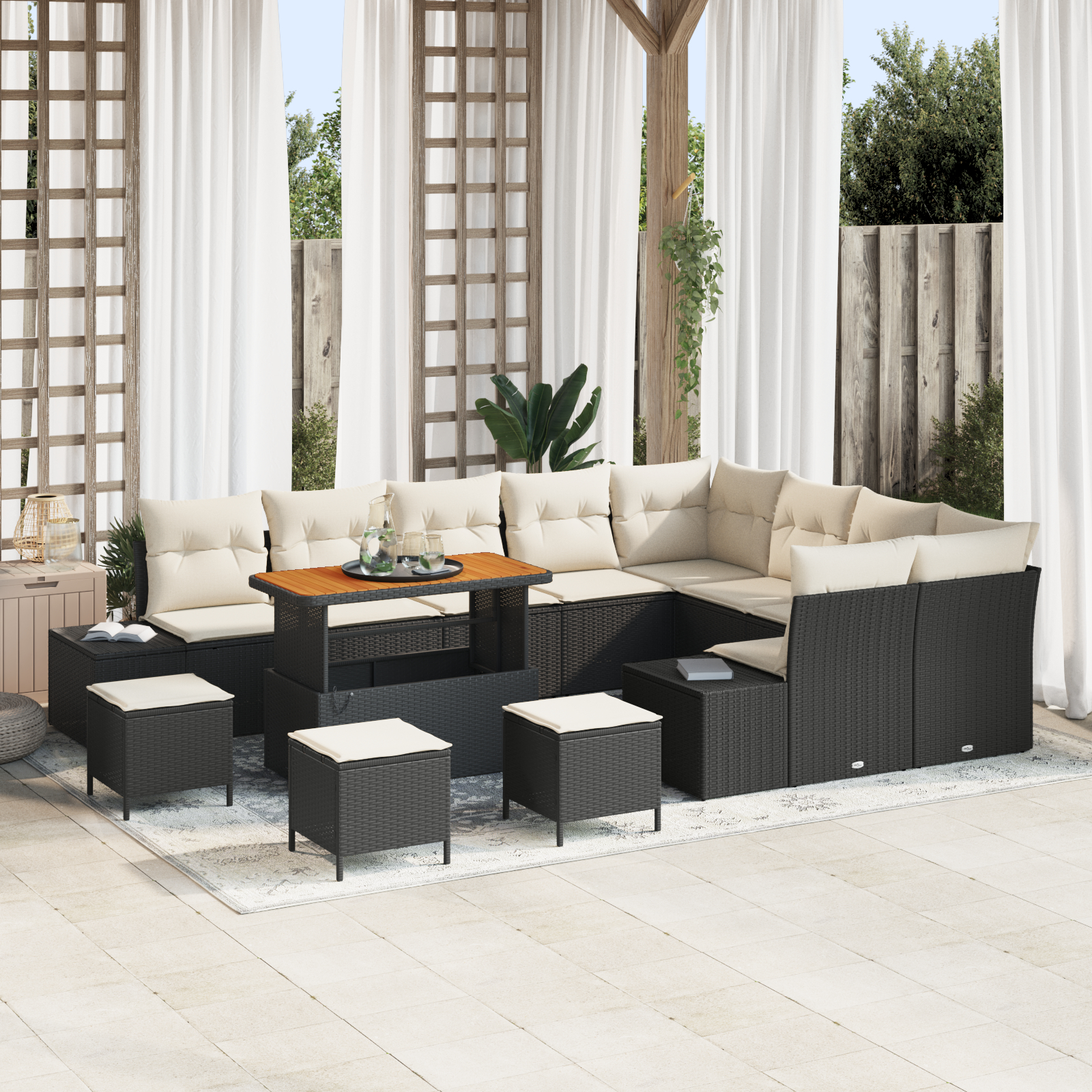 vidaXL 13-teiliges Garten Sofa Set mit Kissen Schwarz Poly Rattan Akazienholz,  4-teiliges Garten Esstisch Set mit Kisse...