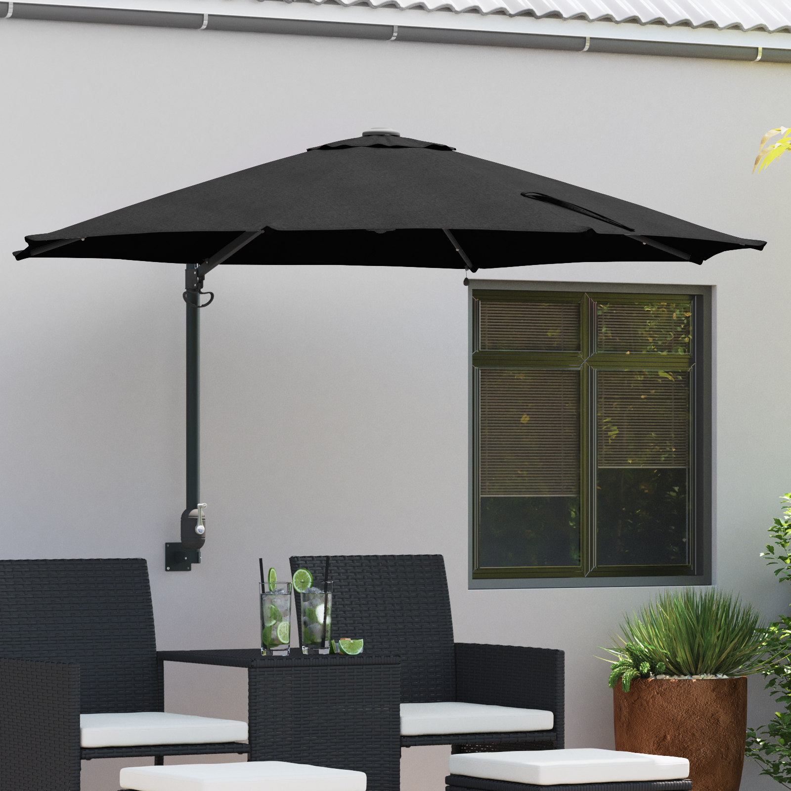 vidaXL Wandmontierter Gartenparasol mit LEDs Schwarz 248 cm
