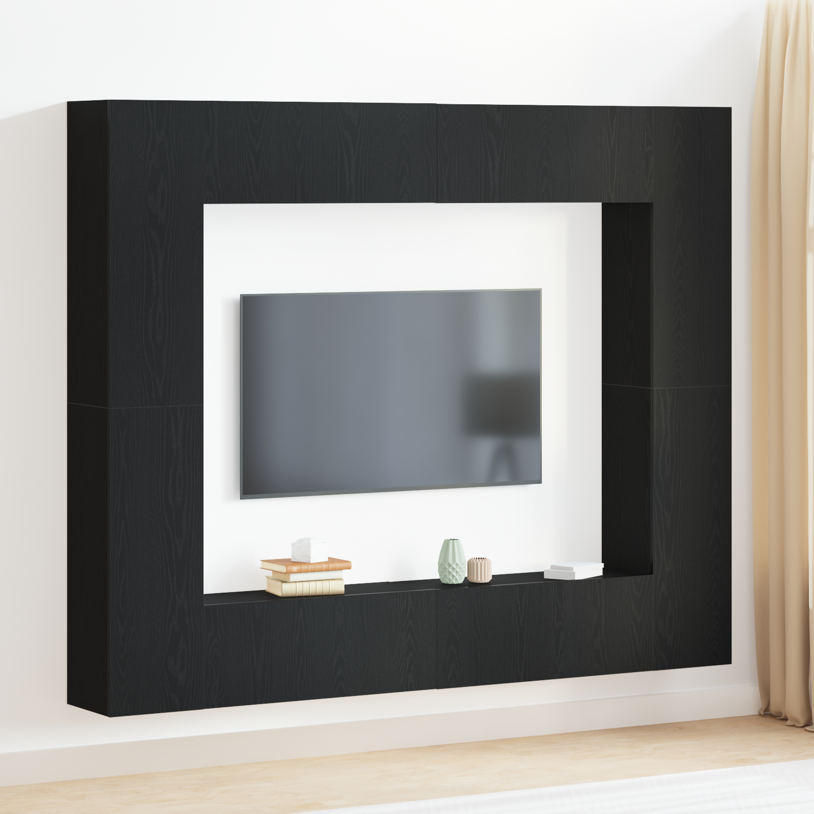 Suport TV & Masă TV - Set de 8 unități TV  din stejar negru și lemn prelucrat, Mobilier pentru perete  (set de 2) - Stejar negru, 80x30x30 cm, din lemn prelucrat, Unități TV montate pe perete  - 2 bucăți stejar negru, 30.5