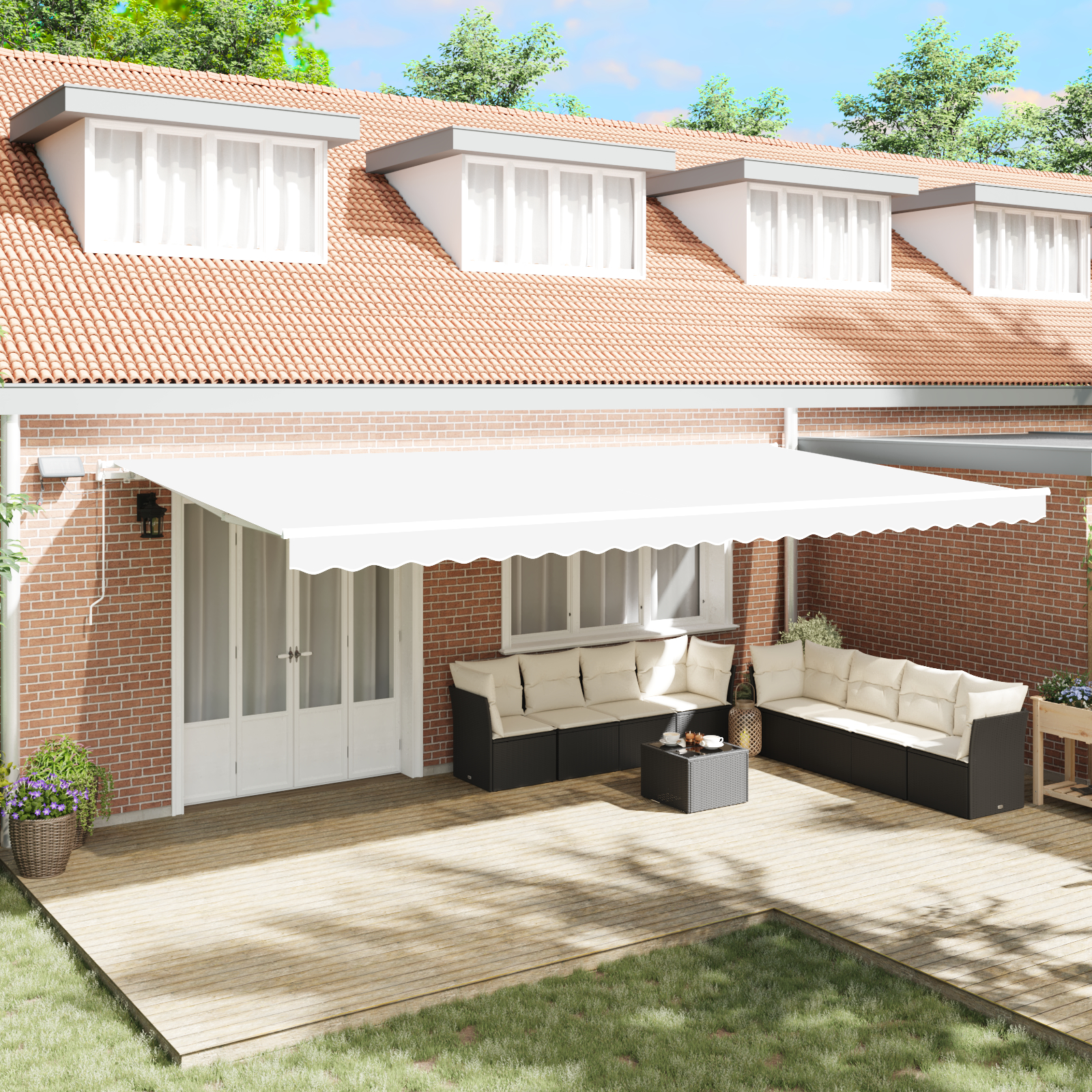 vidaXL Ročna retraktibilna tenda z LED svetlobo bela 600x350 cm, vidaXL Zamenljiv material za tendo 6x3.5 m okvir bela