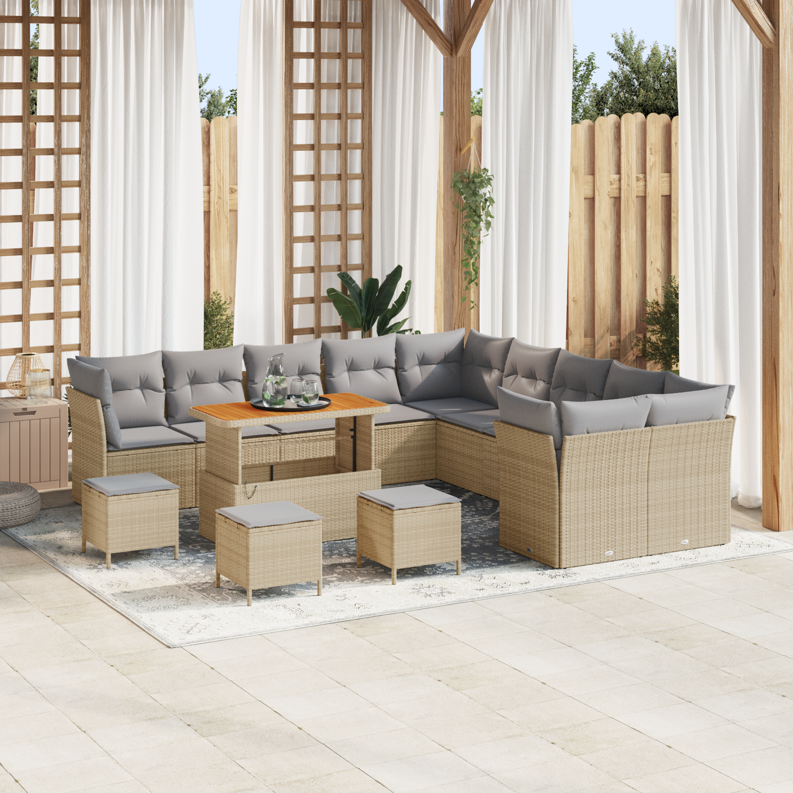 Mobilier relaxare exterior - Set de canapea de grădină  14 piese cu perne Bej Ratan Poli Acacia, Set de dining de grădină  4 piese cu perne Bej Ratan Poli Acacia
