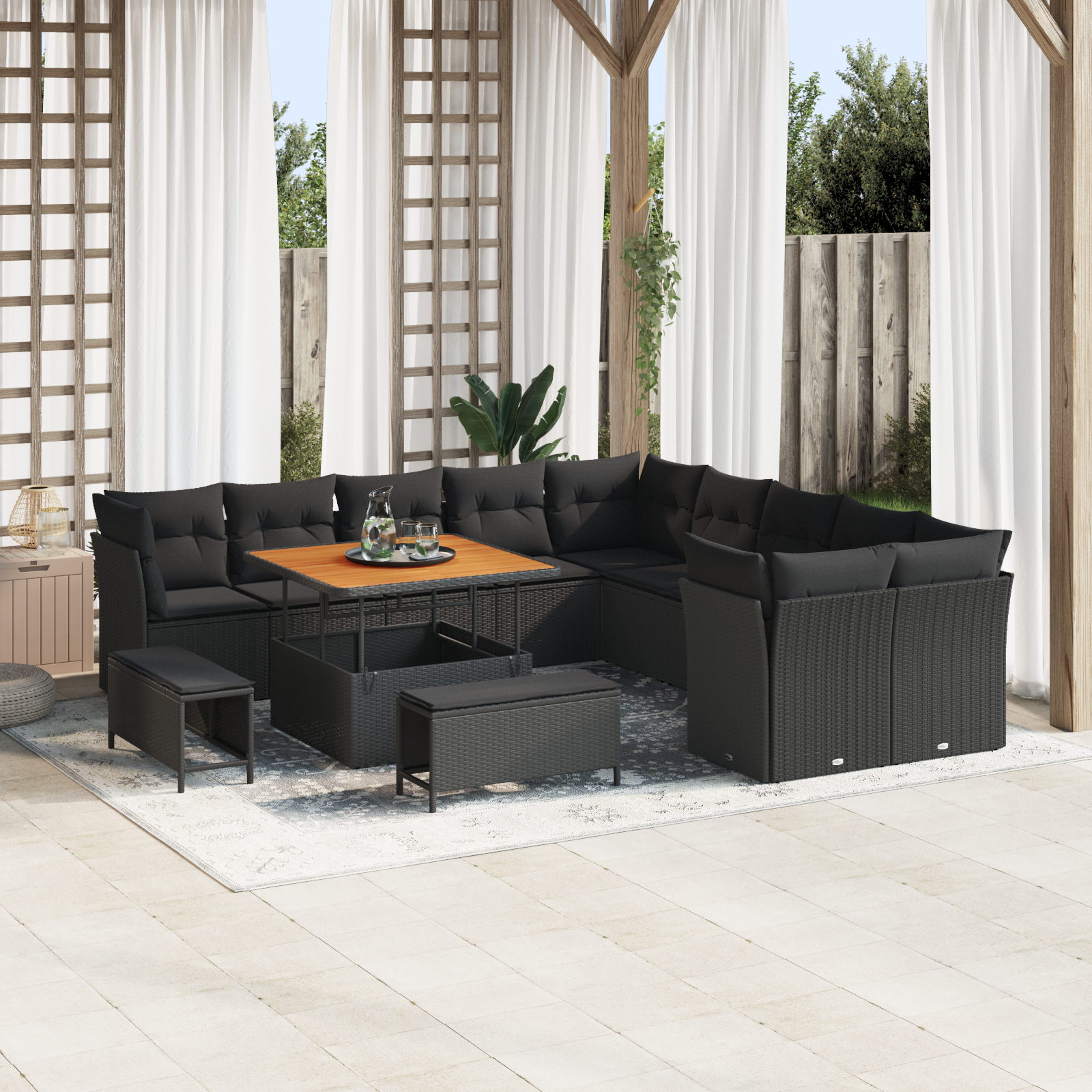 Mobilier relaxare exterior - Set de canapele pentru grădină  cu perne negre din poliratan acacia, Set de dining pentru grădină  cu 3 piese cu perne negre din poliratan acacia