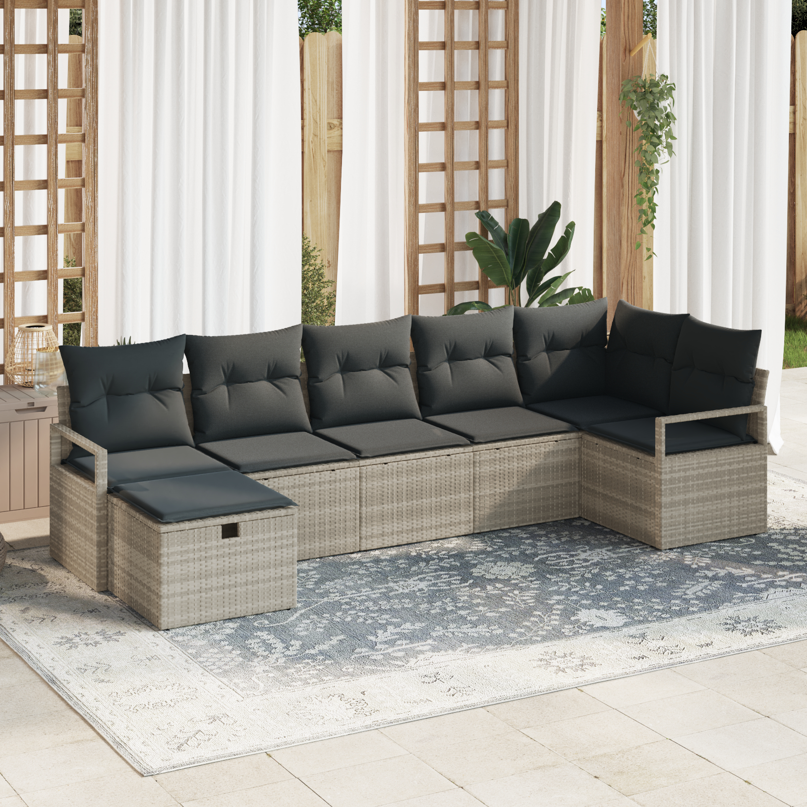 vidaXL 7-teiliges Garten-Sofa-Set mit Kissen in Hellgrau aus Poly-Rattan,  2-Sitzer Garten-Sofa mit Kissen in Grau aus P...