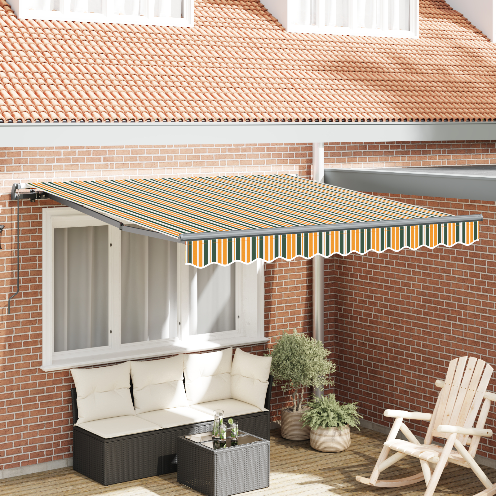 vidaXL Ročna retraktibilna tenda zelena in rumena 350x250 cm, vidaXL Nadomestno blago za tenda 3.5x2.5 m okvir zelena in rumena