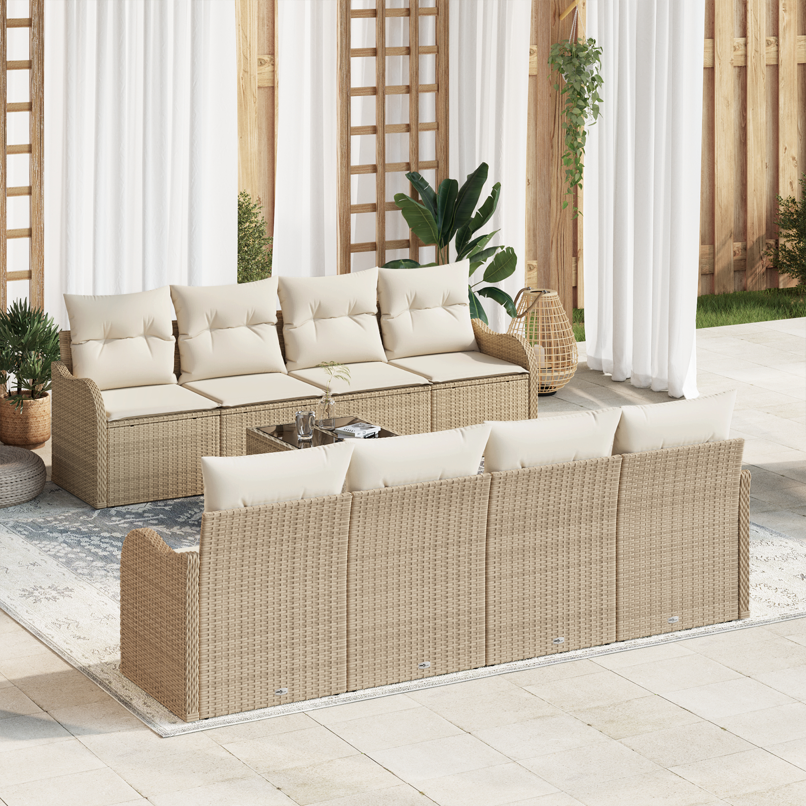 Juego de Sofás de Jardín vidaXL de 9 Piezas con Cojines Beige Ratán Poliéster, Sofá de Jardín vidaXL de 2 Plazas con Almacenamiento y Cojines Beige Ratán Poliéster