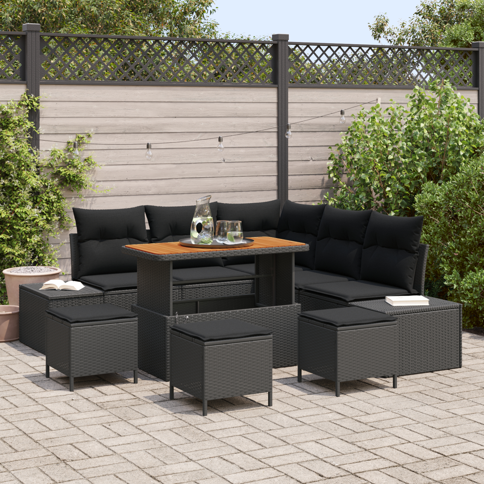 Mobilier relaxare exterior - Set de canapea de grădină cu 9 piese cu perne Negru Poliratan Acacia, Canapea de grădină cu 2 locuri cu depozitare și perne Negru Poliratan, Set de dining de grădină cu 4 piese cu perne Negru Polirata