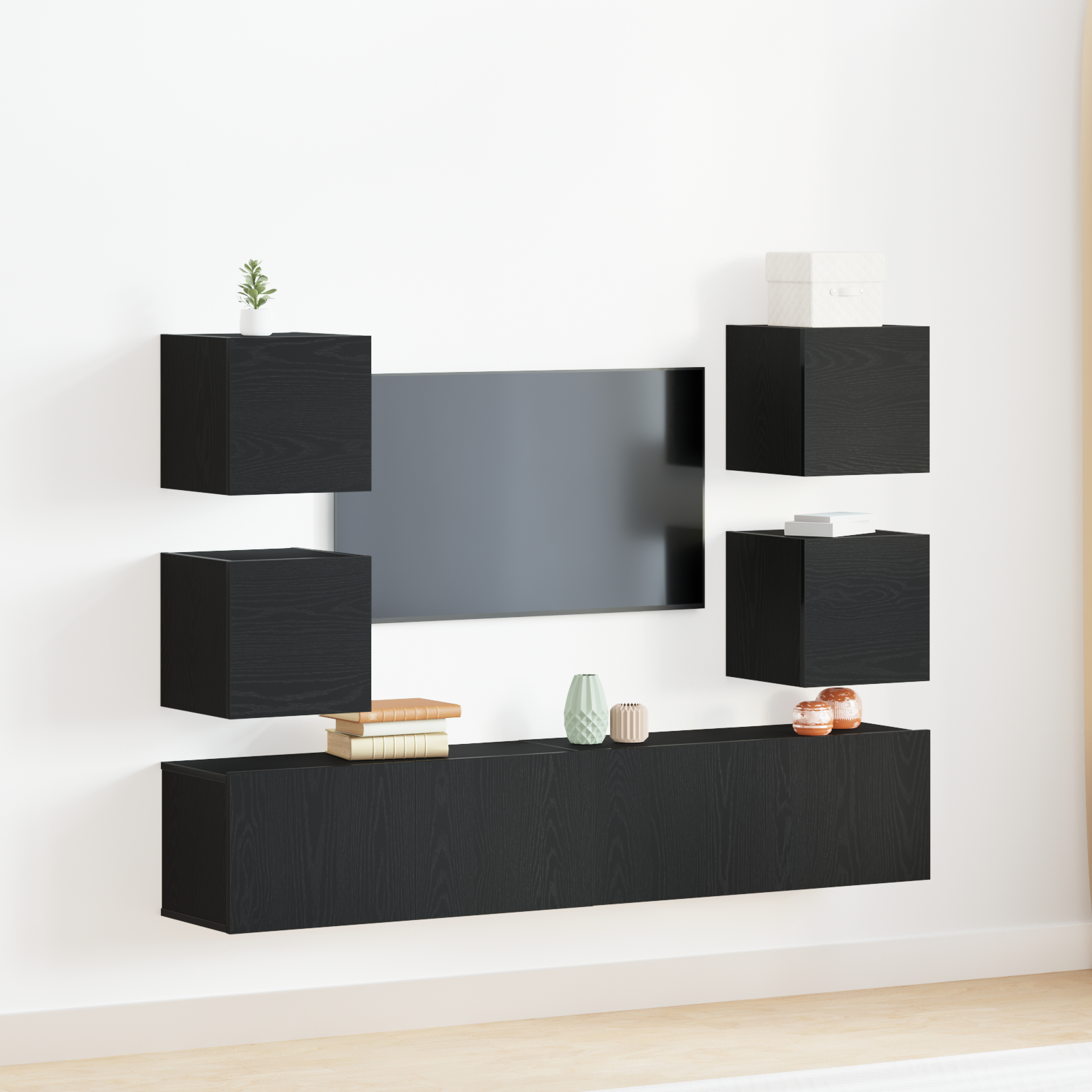 Suport TV & Masă TV - Set dulap TV 6 piese stejar negru lemn inginerat,  Dulapuri TV montate pe perete (set de 2) - stejar negru, 80x30x30 cm, realizate din lemn inginerat,  Dulapuri TV montate pe perete 2 buc stejar negru