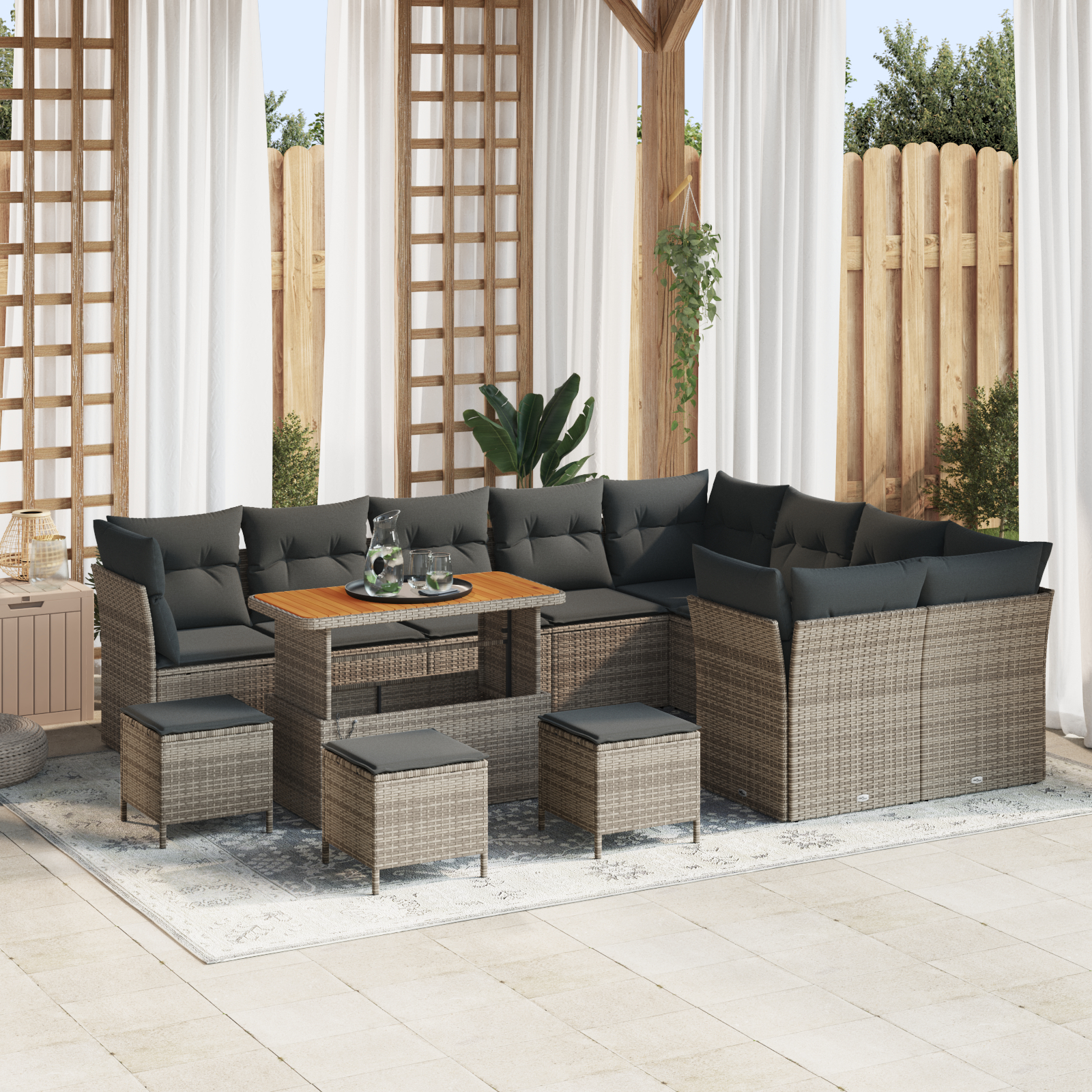 Mobilier relaxare exterior - Set canapele grădină cu 13 piese și perne Gri Ratan sintetic Acacia,  Set de dining pentru grădină cu 4 piese și perne Gri Ratan sintetic Acacia