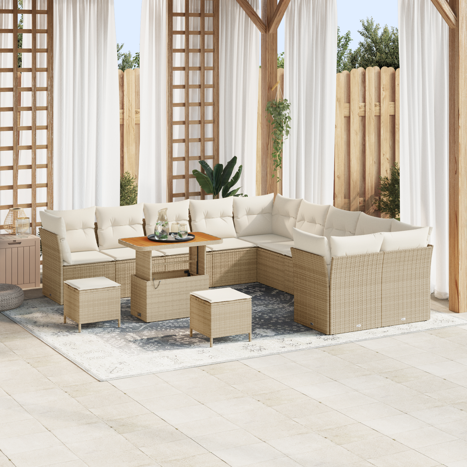 Mobilier relaxare exterior - Set canapea de grădină  13 Piese cu Perne Bej Ratan Poli Acacia, Set dining de grădină  3 Piese cu Perne Bej Ratan Poli Acacia
