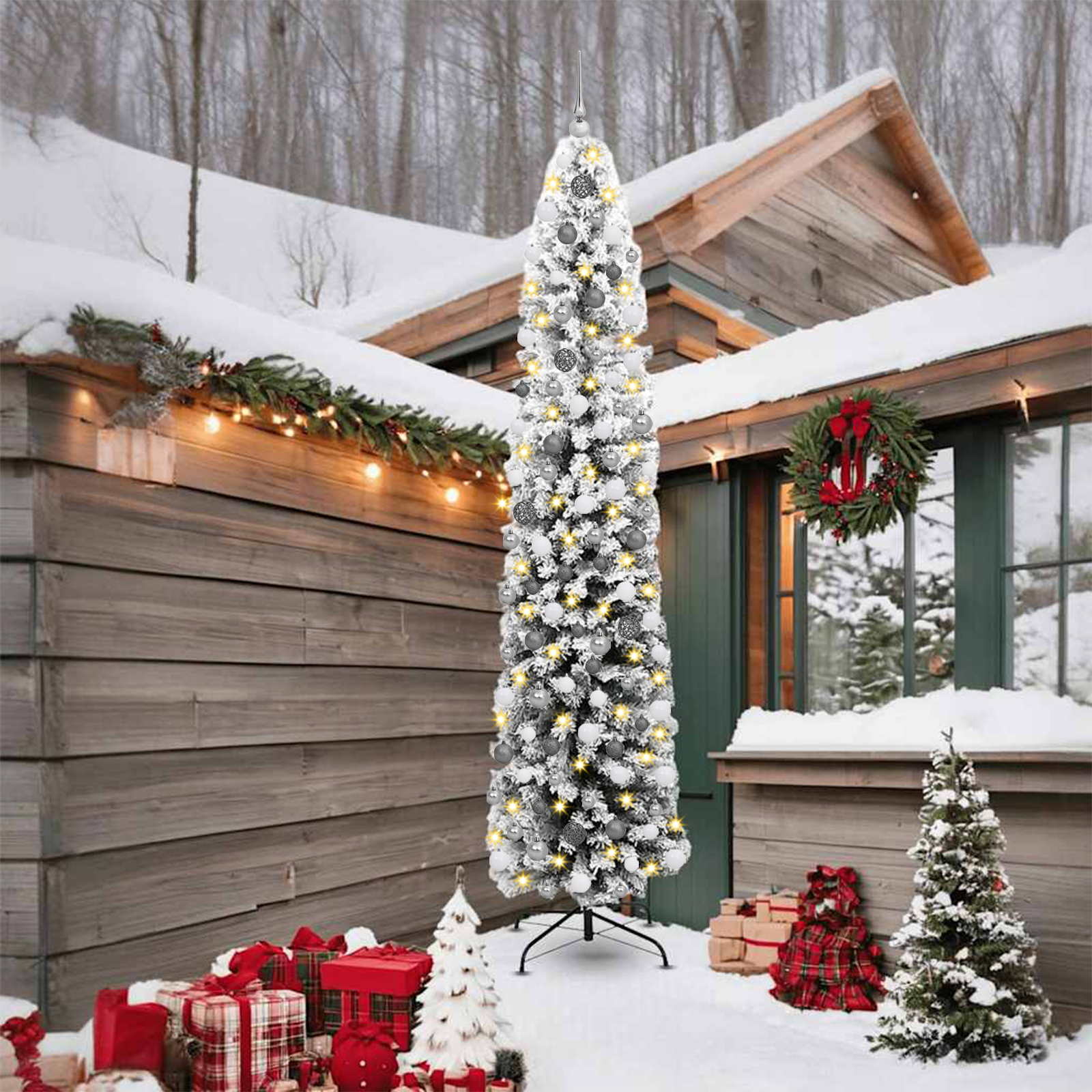  Decorațiuni sărbători & sezoniere  - Brad de Crăciun slim cu 300 LED-uri și set de bile cu zăpadă acoperită verde 240 cm