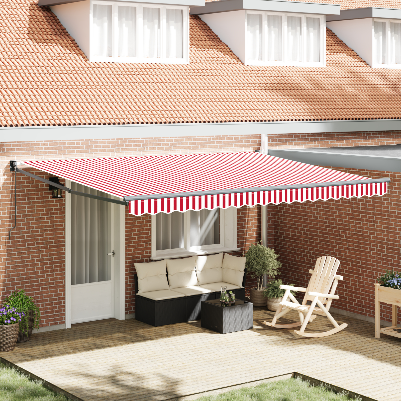 vidaXL Ročna retraktibilna tenda rdeče in bele črte 450x300 cm