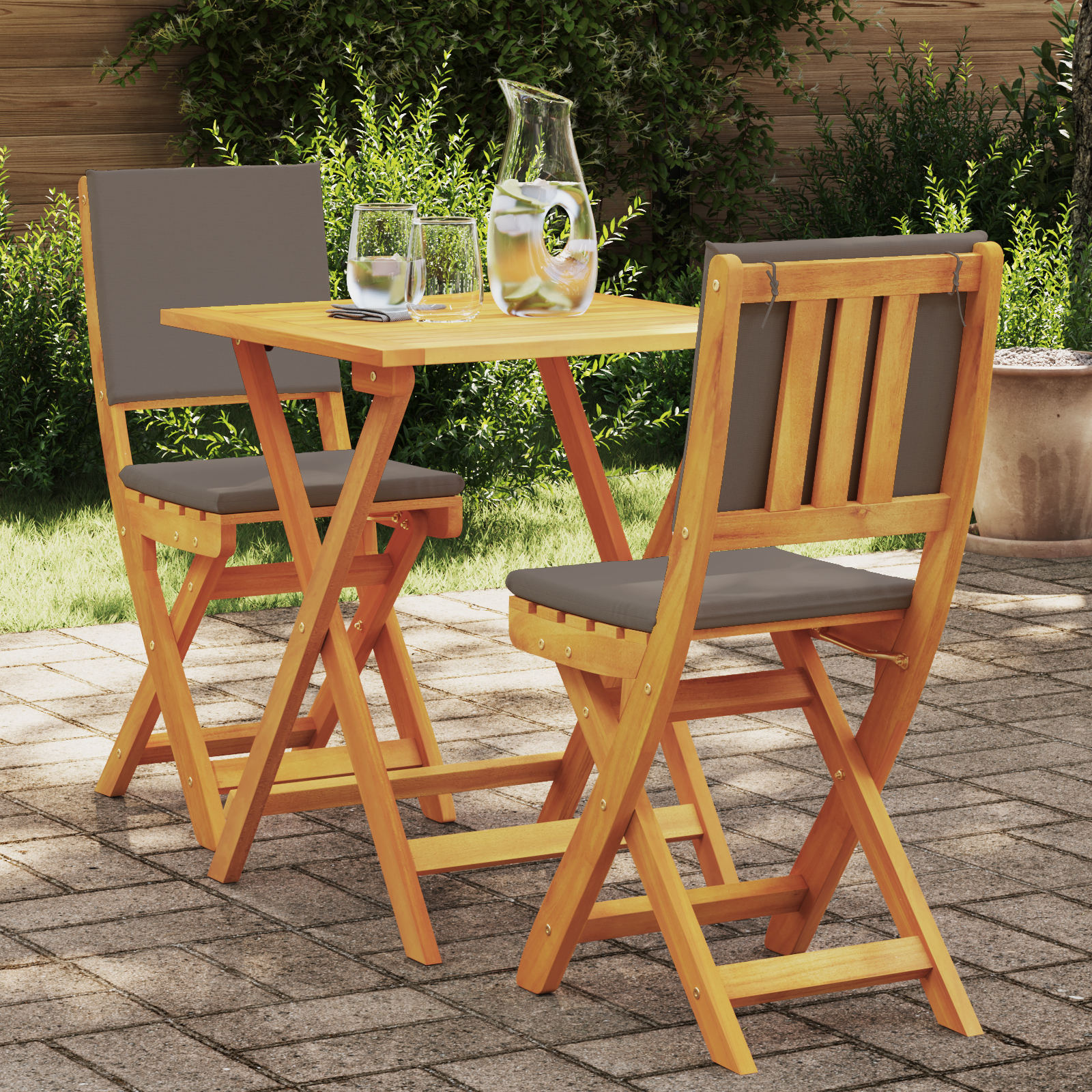3 Piece Folding Bistro Set with Cushions, Solid Wood Acacia