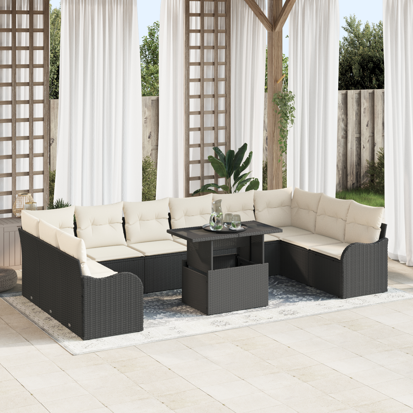 Mobilier relaxare exterior - Set de 11 piese canapea gradină cu perne Negru Ratan Polietilenic, Canapea gradină cu 2 locuri și perne Negru Ratan Polietilenic