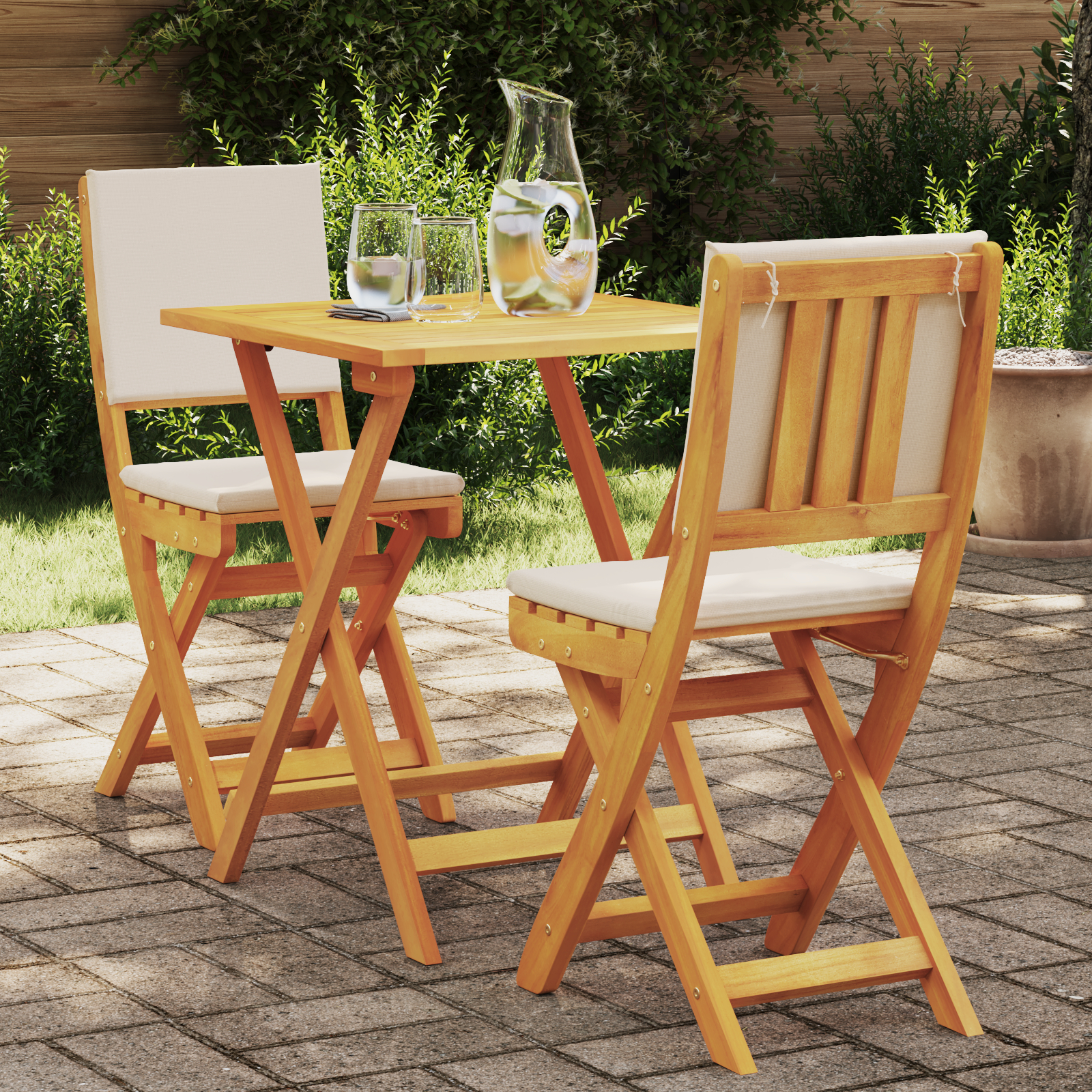 3 Piece Folding Bistro Set with Cushions Solid Wood Acacia