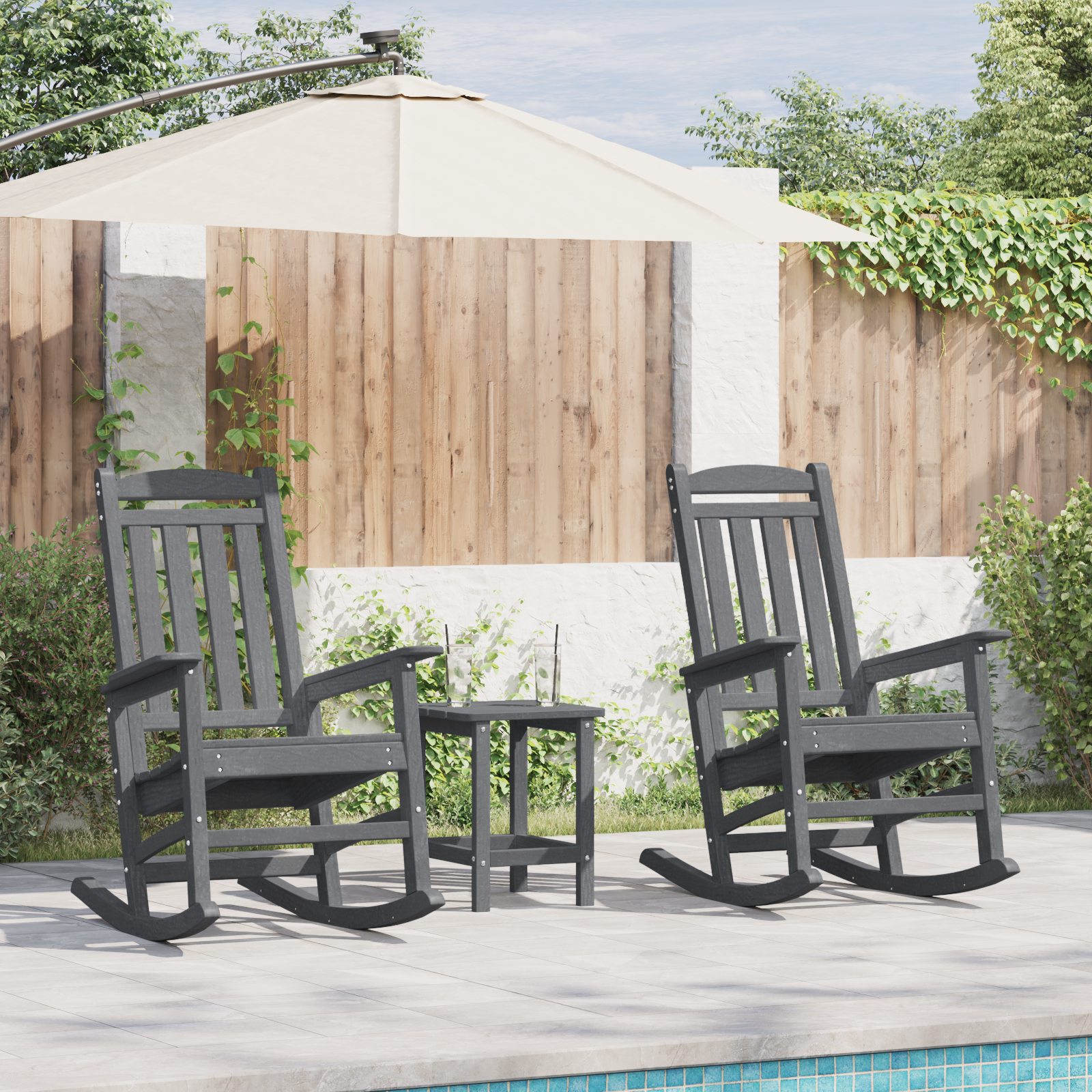vidaXL 3 teiliges Garten Lounge Set Hellgrau HDPE,  Garten Schaukelstuhl Hellgrau 70x92x108 cm HDPE,  Adirondack Beistel...