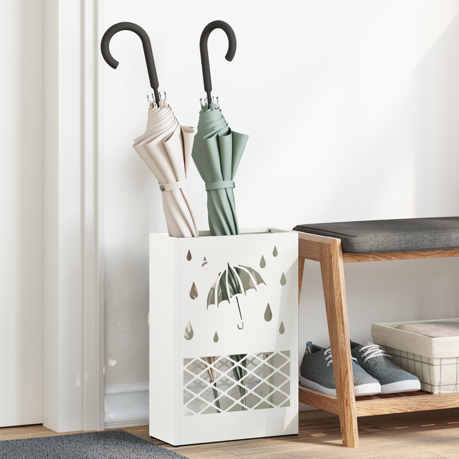 vidaXL Suport de umbrele Alb Metal Mediul Decupaje decorative
