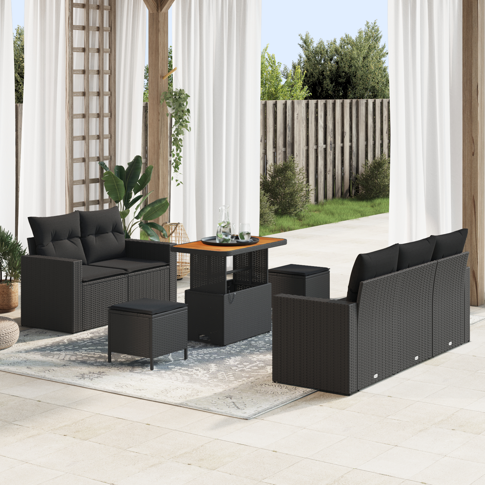 Mobilier relaxare exterior - Set canapea grădină  cu 8 piese și perne Ratan Poli Negru Acacia, Set masă grădină  cu 3 piese și perne Ratan Poli Negru Acacia