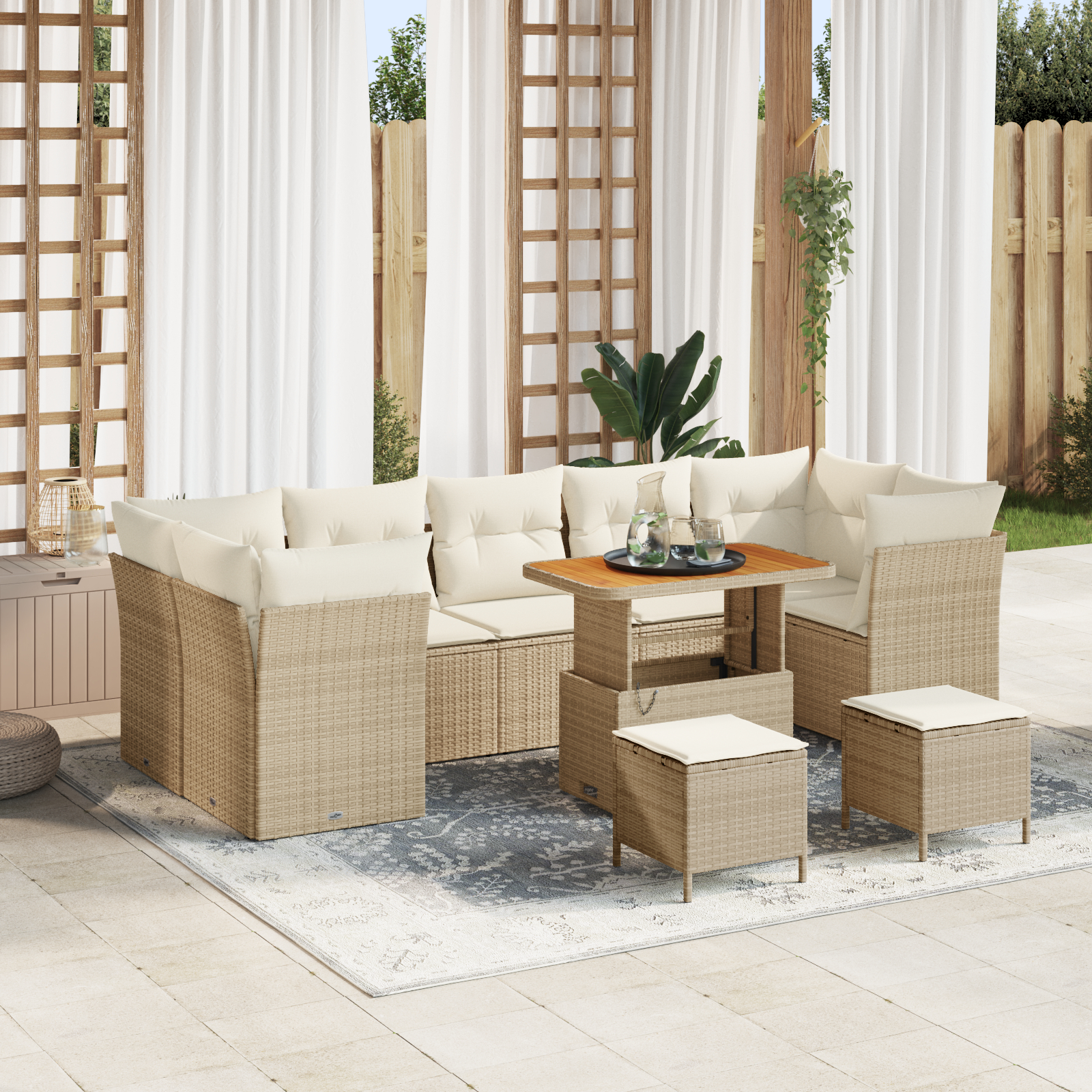 vidaXL 10-teiliges Garten Sofa Set mit Kissen in Beige aus Poly Rattan und Akazie,  3-teiliges Garten Esszimmer Set mit ...
