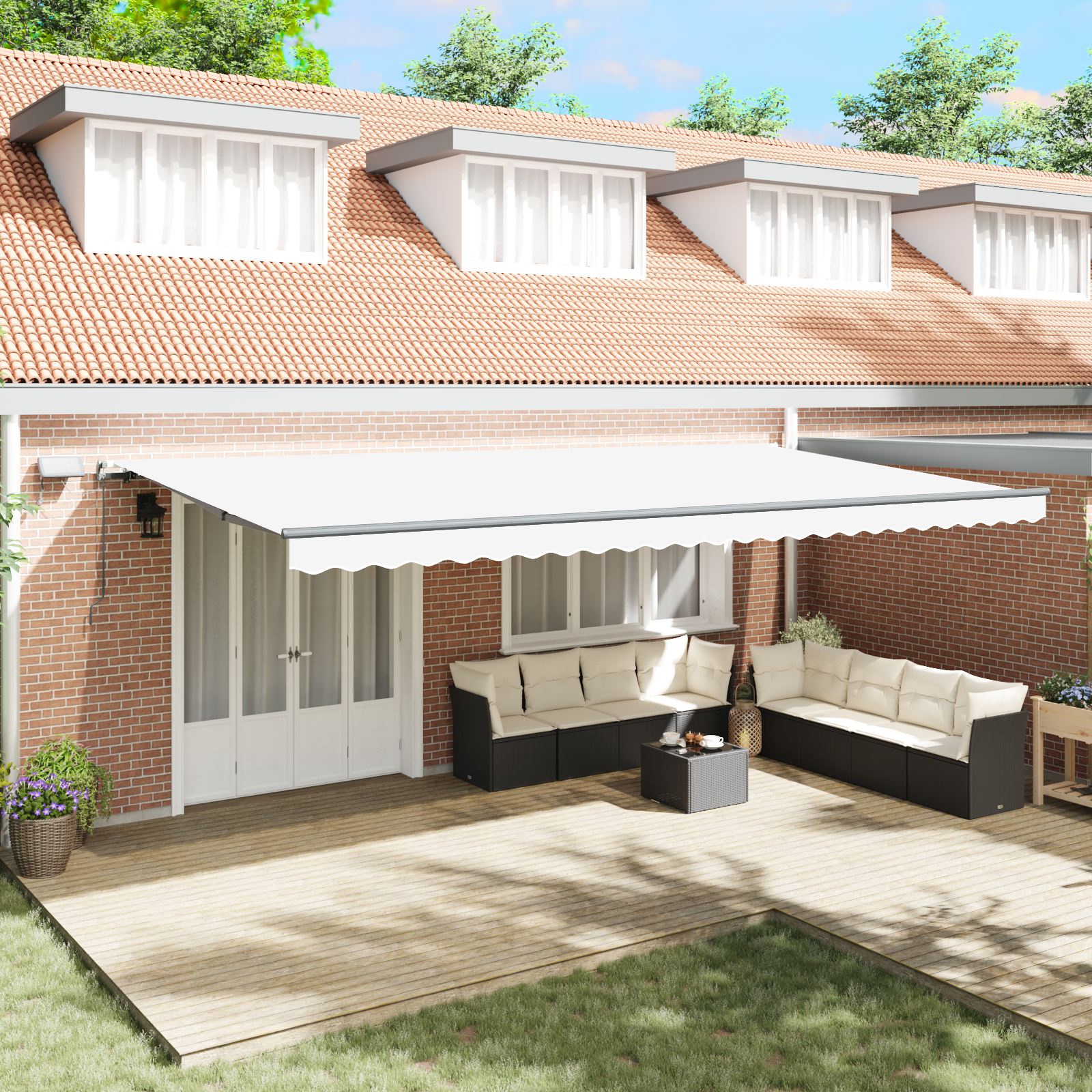 vidaXL ročna retraktibilna tenda z LED bela 600x350 cm, vidaXL nadomestna tenda za okvir 6x3.5 m bela