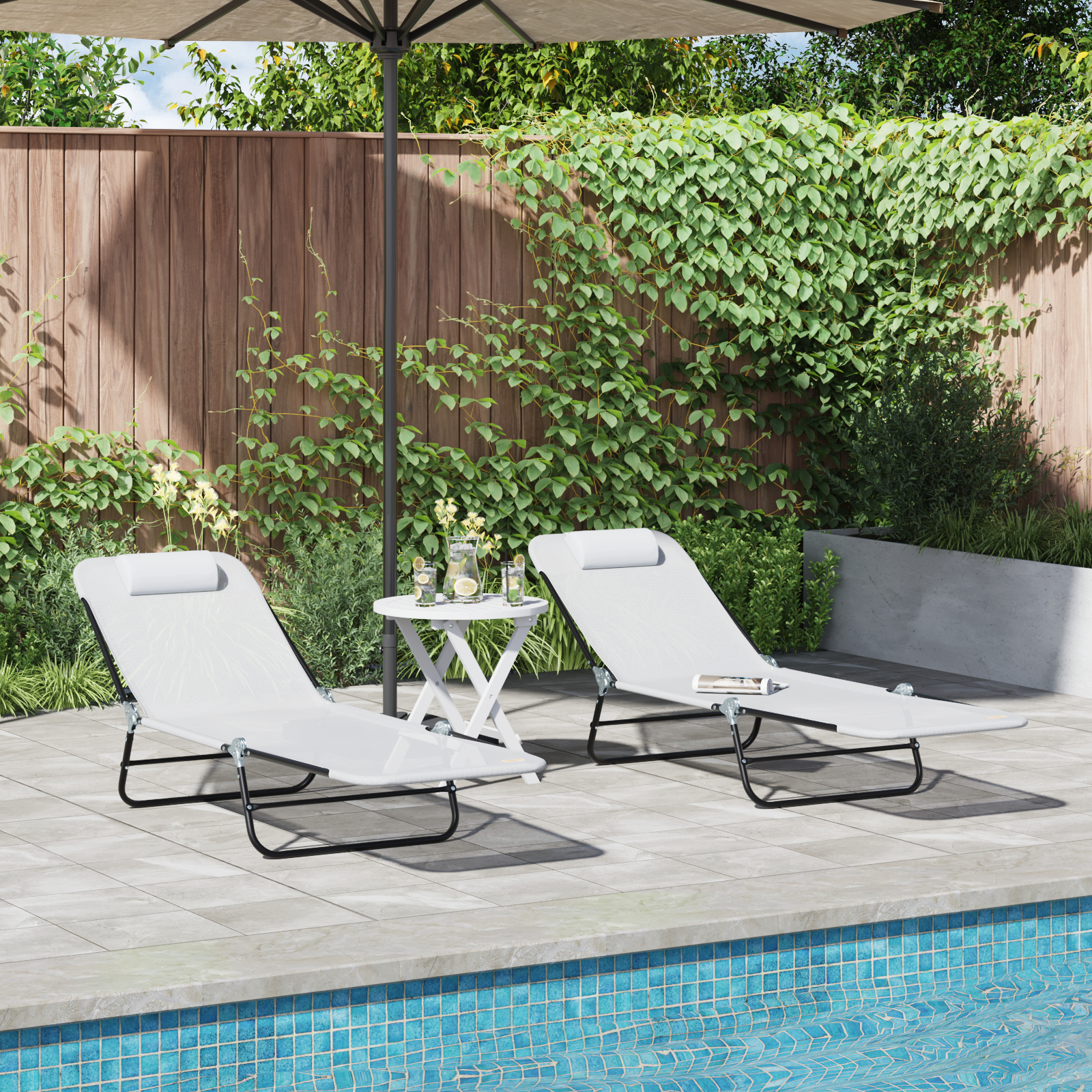 Mobilier relaxare exterior - Șezlonguri pliabile 2 pcs cu suport pentru cap crem Textilene