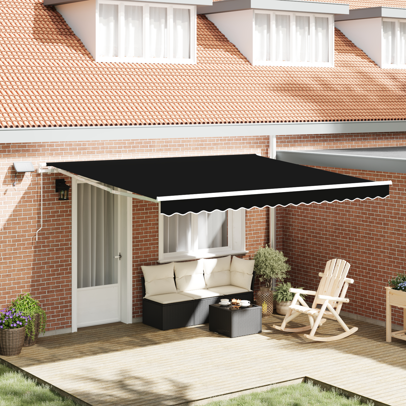 vidaXL manuelle einziehbare Markise mit LED Schwarz 400x350 cm,  Markisenersatzstoff für 4x3.5 m Rahmen Schwarz