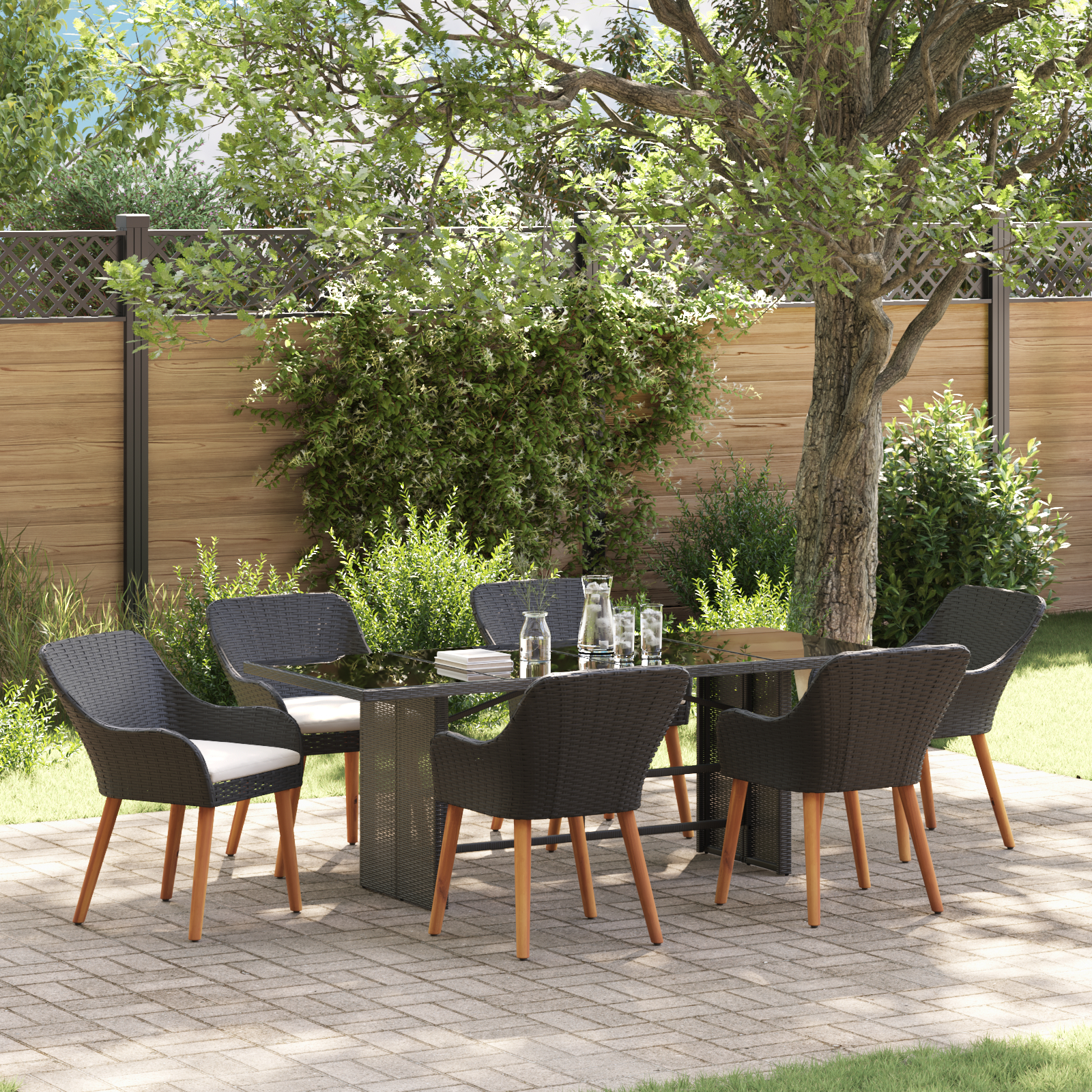 7 Piece Garden Dining Set Black Poly Rattan