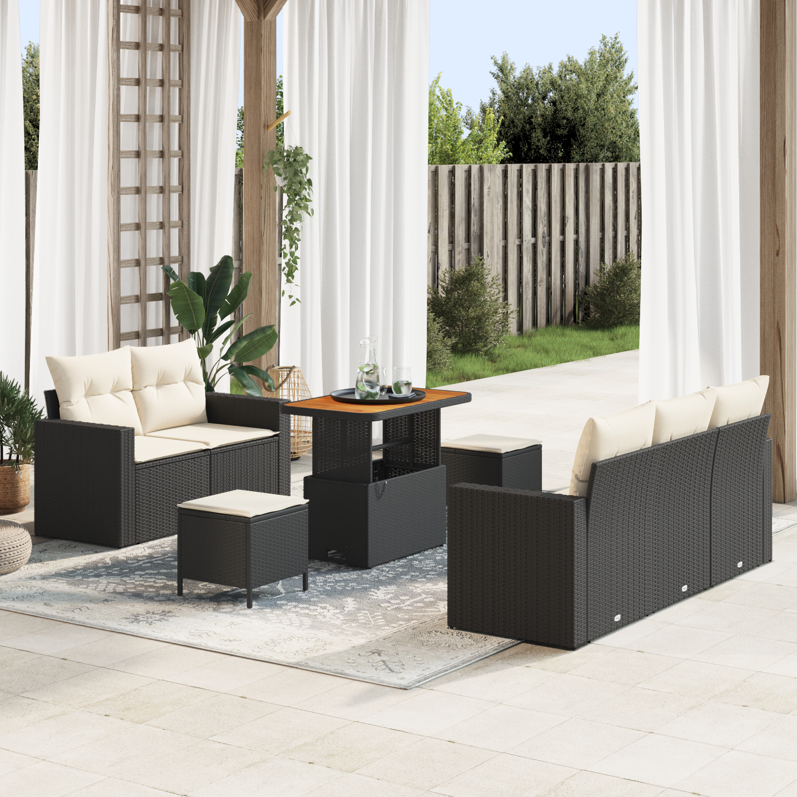 Mobilier relaxare exterior - Set de canapea pentru grădină 8 piese cu perne negre din poliratan acacia, Set de dining pentru grădină 3 piese cu perne negre din poliratan acacia