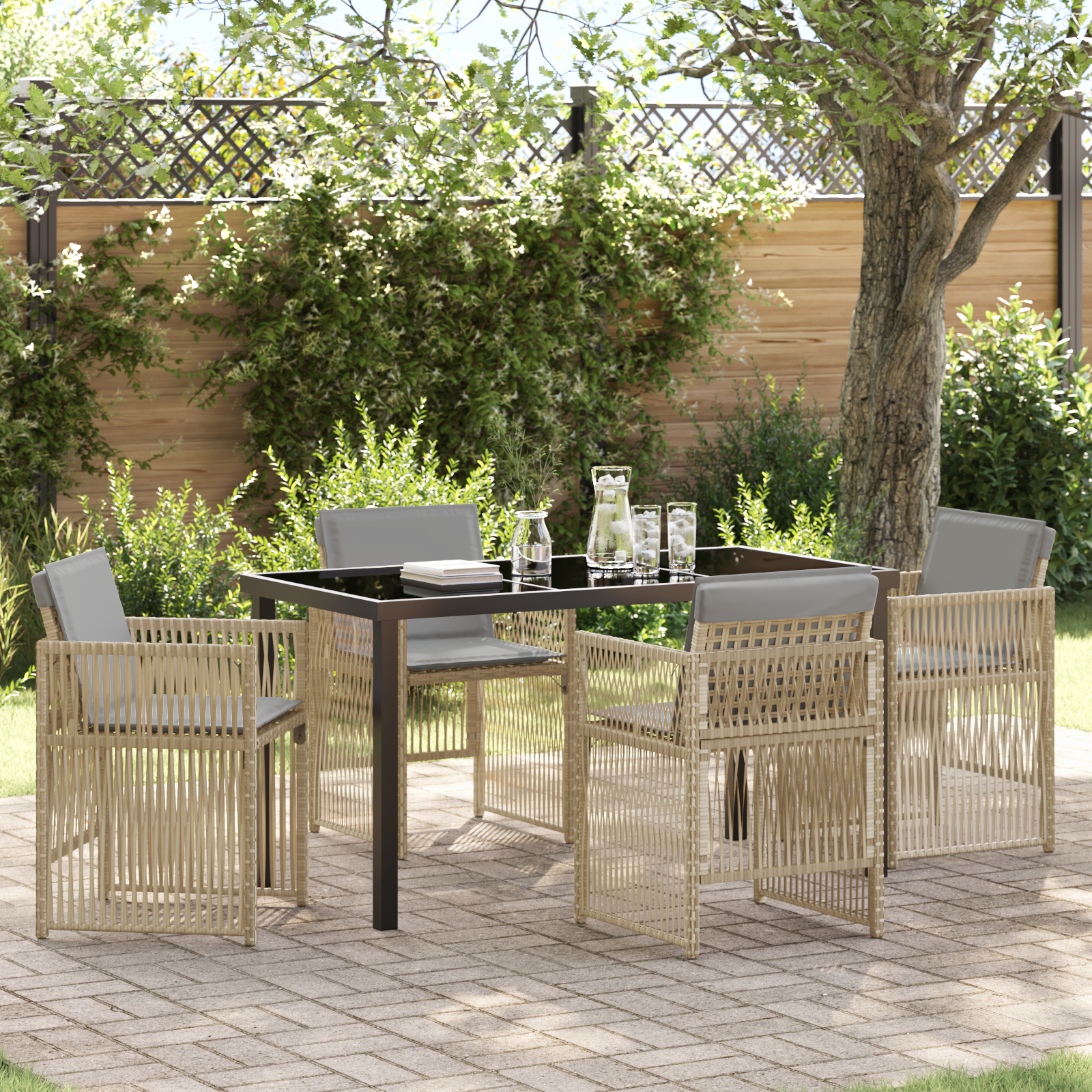 5 Piece Garden Dining Set with Cushions in Beige Poly Rattan, vidaXL Garden Table in Black 140x80x73 cm with Tempered Glass