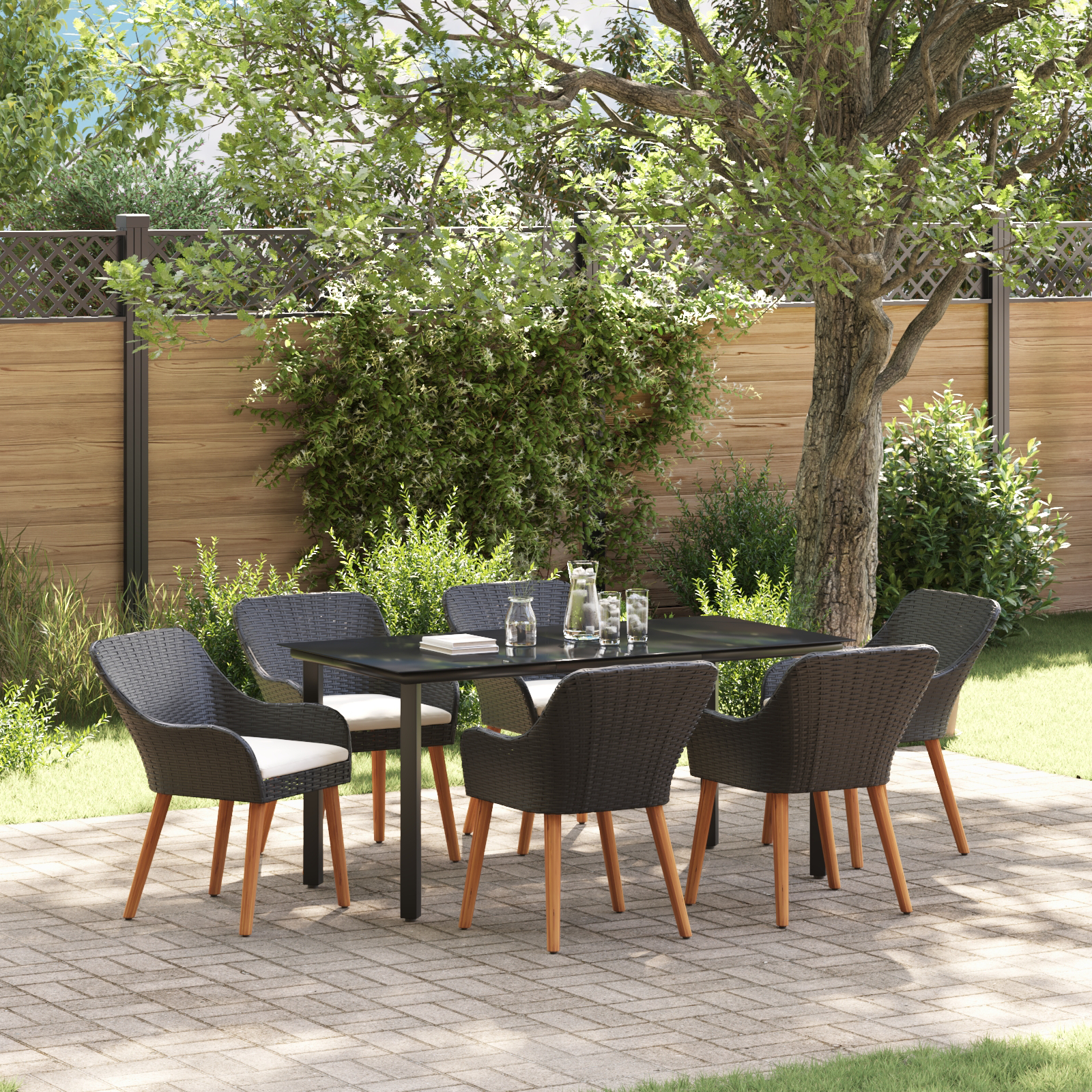 7 Piece Garden Dining Set Black Poly Rattan