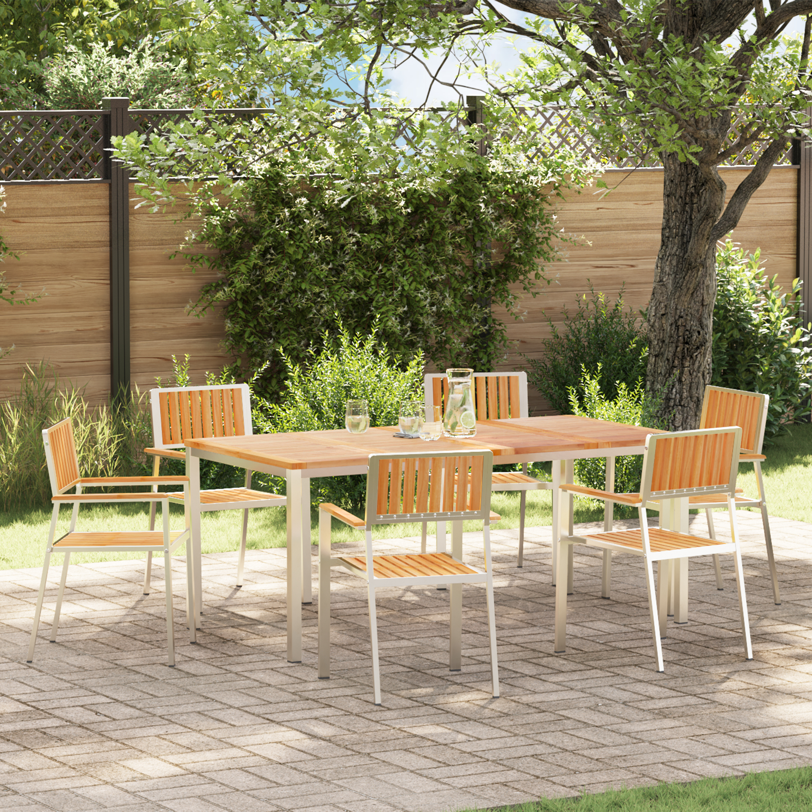 7 Delt Have Spisestuesæt Massivt Træ Teak, vidaXL Udendørs Spisebord 180x90x75 cm Massivt Træ Teak, vidaXL Stabelbare Havestole 2 stk Massivt Træ Teak og Metal, vidaXL Stabelbare Havestole 4 stk Massivt Træ Teak og Metal