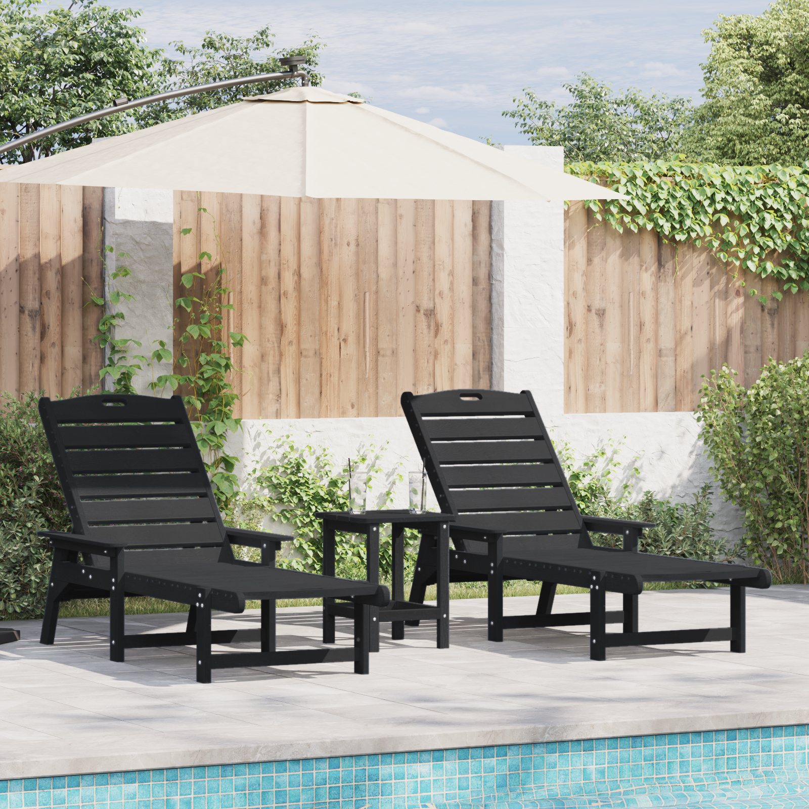 vidaXL 3-teiliges Gartenliege Set - Schwarz HDPE,  Sonnenliege - Schwarz 53x162x98.5 cm HDPE,  Adirondack Beistelltisch ...