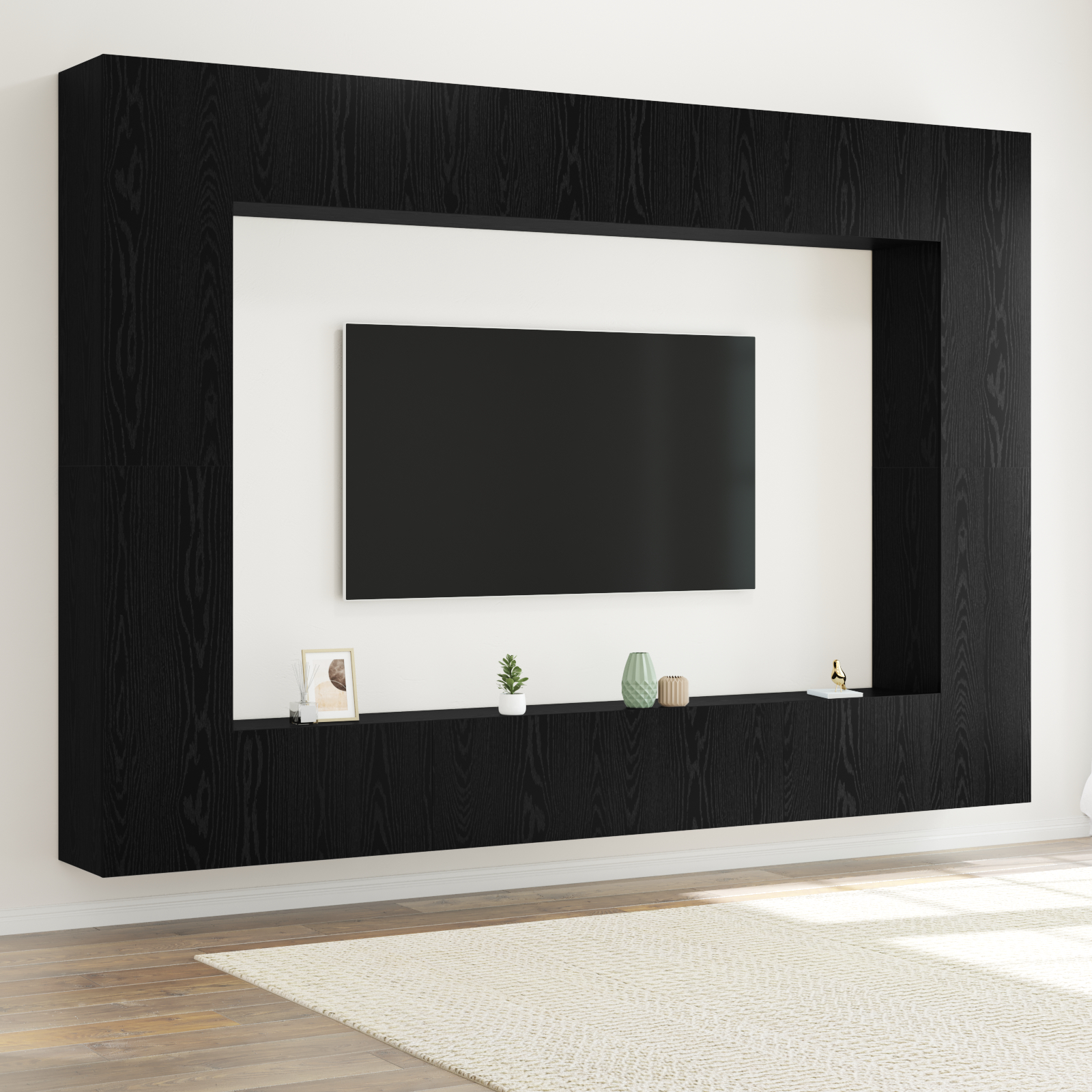 Suport TV & Masă TV - Set TV de 12 piese pe perete din lemn prelucrat de stejar negru,  Mobilier TV pe perete - 2 bucăți Stejar Negru, 30.5x30x90 cm, din lemn prelucrat,  Mobilier TV 2 bucăți Stejar Negru 100x30x30 cm lemn
