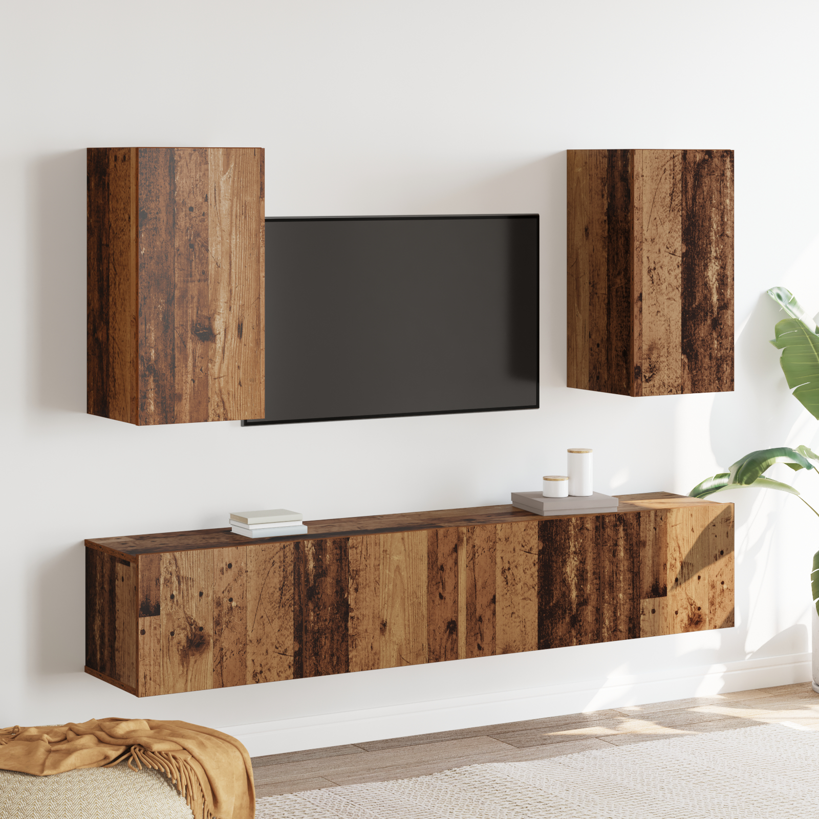 Set de 4 Piese Cabinet TV Montat pe Perete din Lemn Veche Prelucrat Suport TV & Masă TV - Set de 4 Piese Cabinet TV Montat pe Perete din Lemn Veche Prelucrat