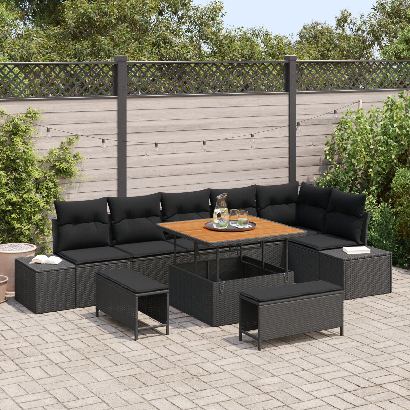 Mobilier relaxare exterior - Set canapea grădină  9 piese cu perne negre poliratan, Set canapea grădină  2 locuri cu stocare & perne negre poliratan, Set dining grădină  3 piese cu perne negre poliratan