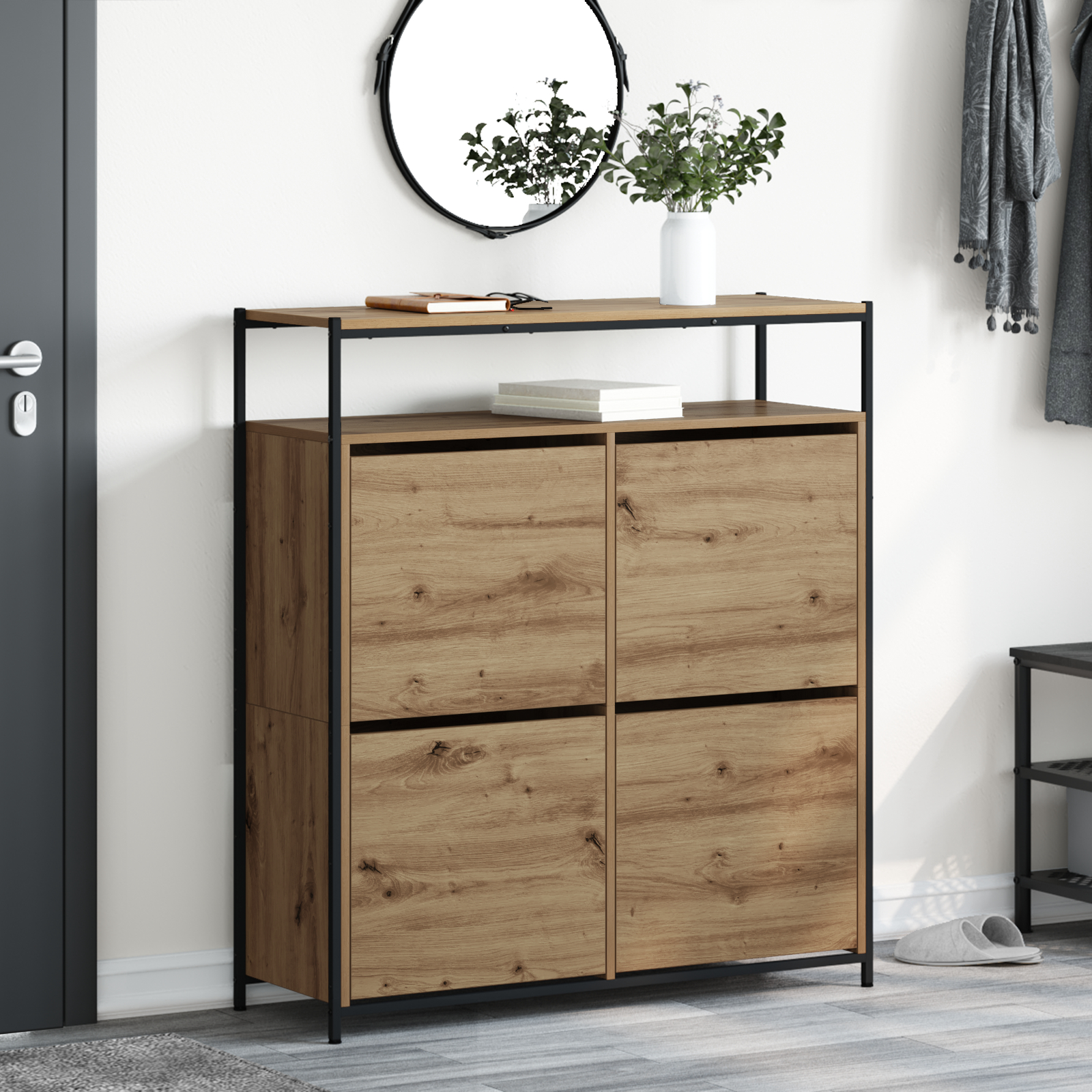 Produse și articole de uz casnic - Cabinet pantofi cu 4 sertare flip Stejar Artisan 100x34x112 cm